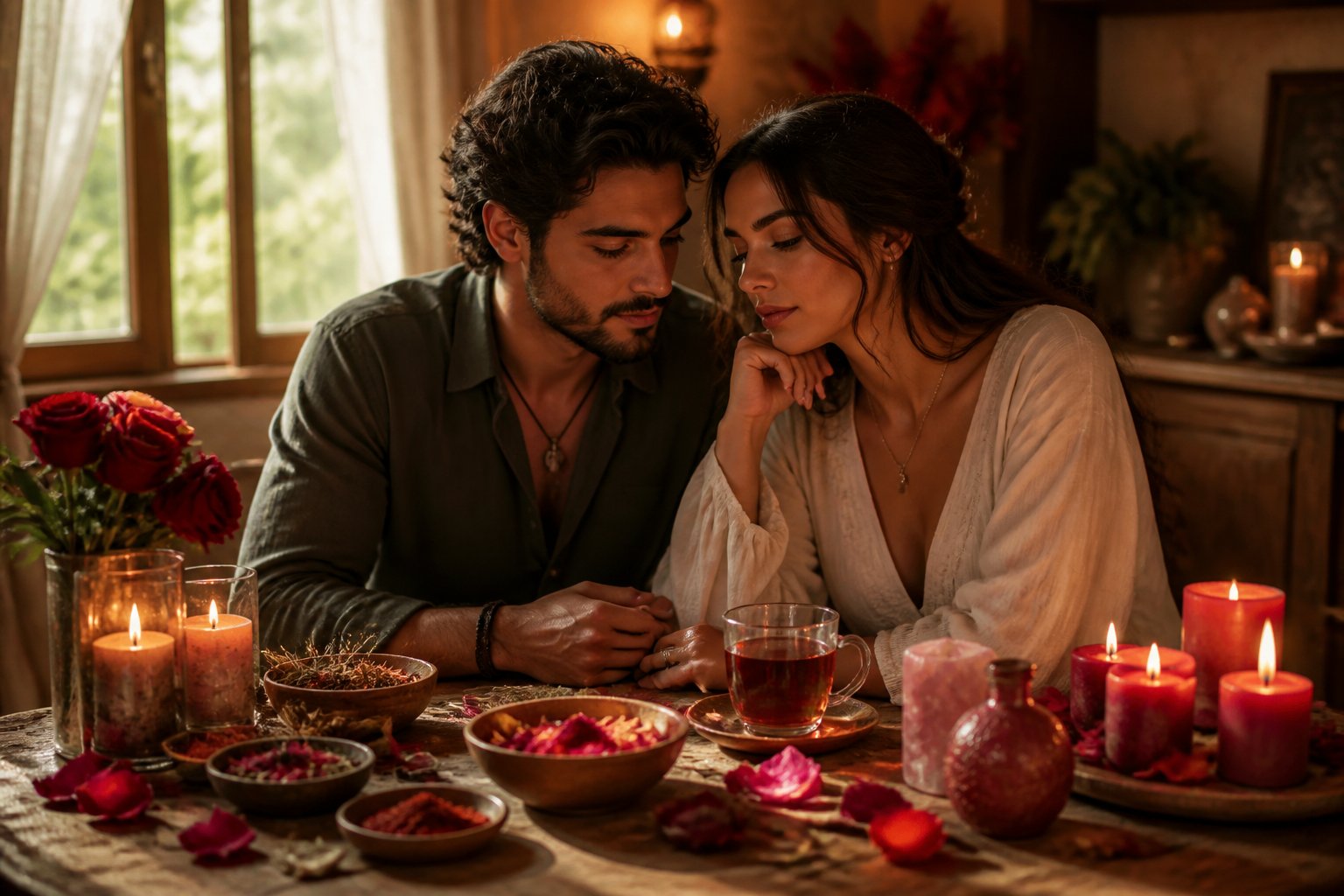 Um casal sentado a uma mesa pequena em um ambiente acolhedor, com velas e pétalas de rosa, refletindo sobre as consequências do adoçamento amoroso.