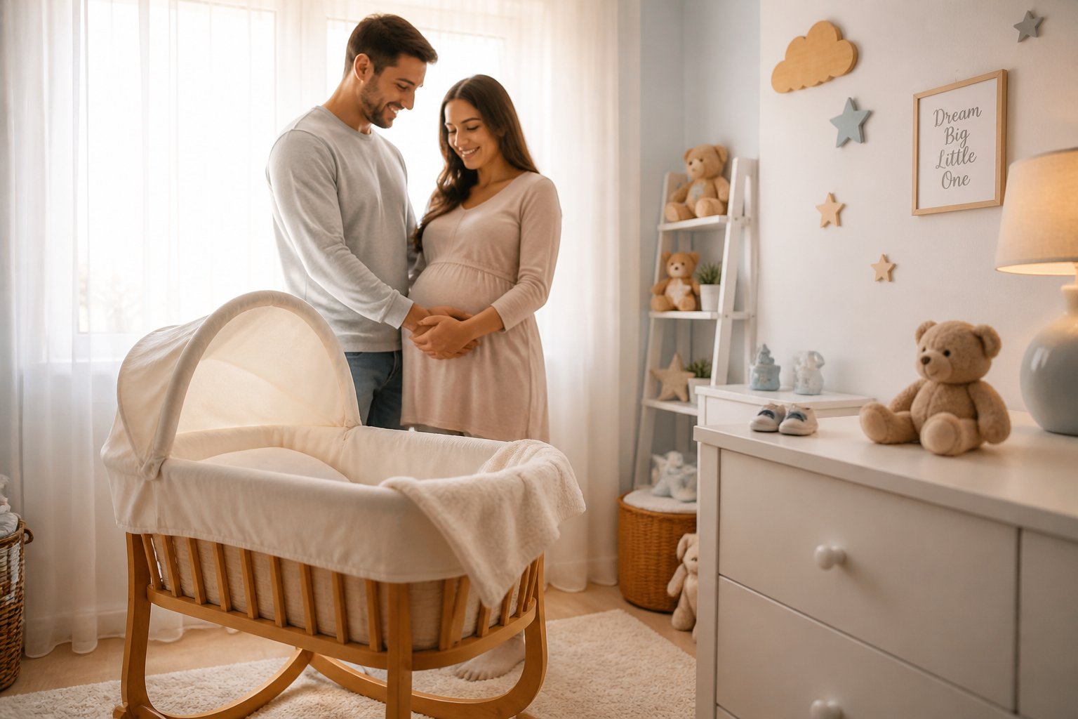 Quarto de bebê com berço, sapatinhos pequenos e casal sorrindo ao fundo, transmitindo alegria e expectativa pela chegada do bebê.