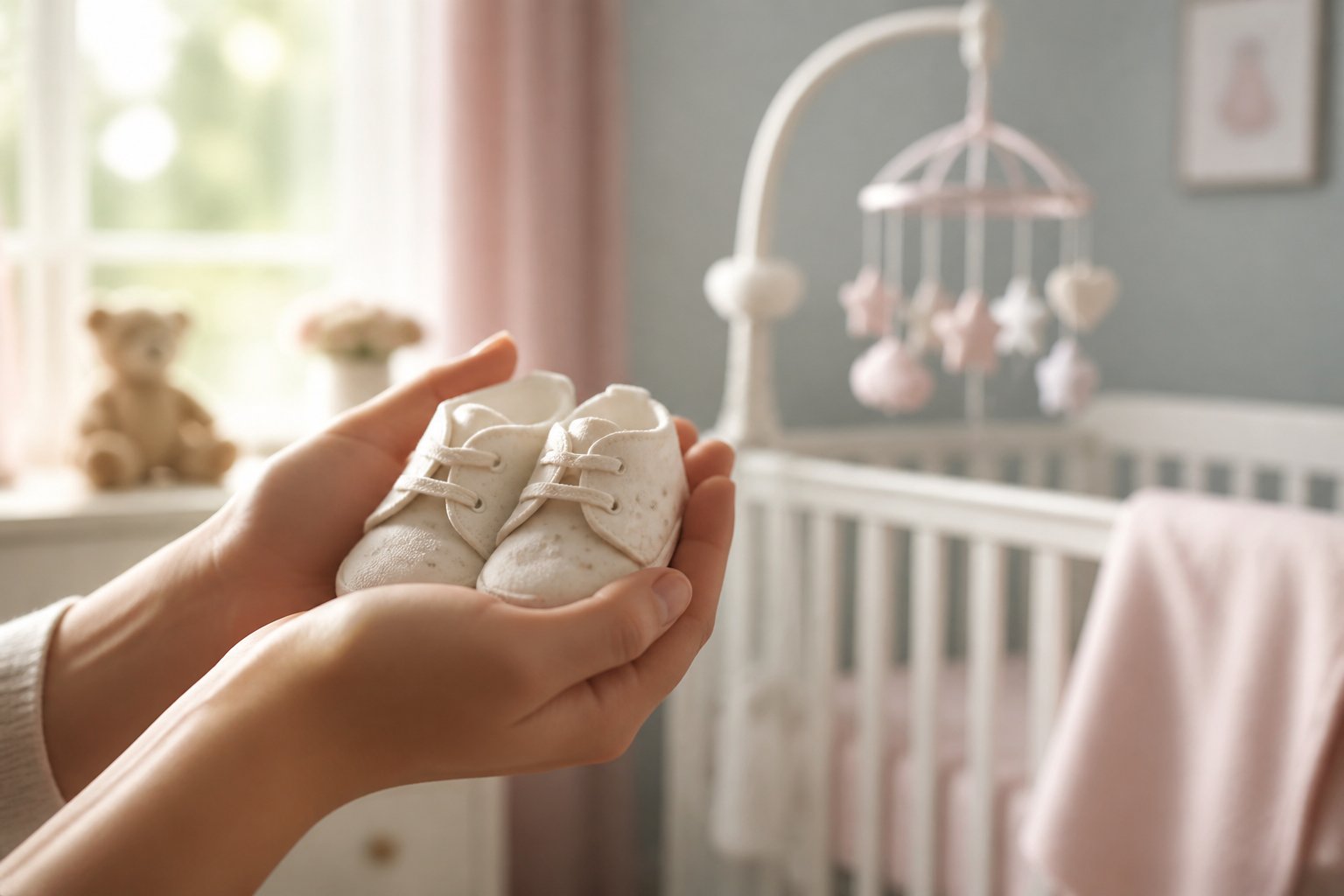 Mãos de adulto segurando delicadamente um par de sapatinhos de bebê em um quarto de bebê iluminado por luz natural, com um berço ao fundo.