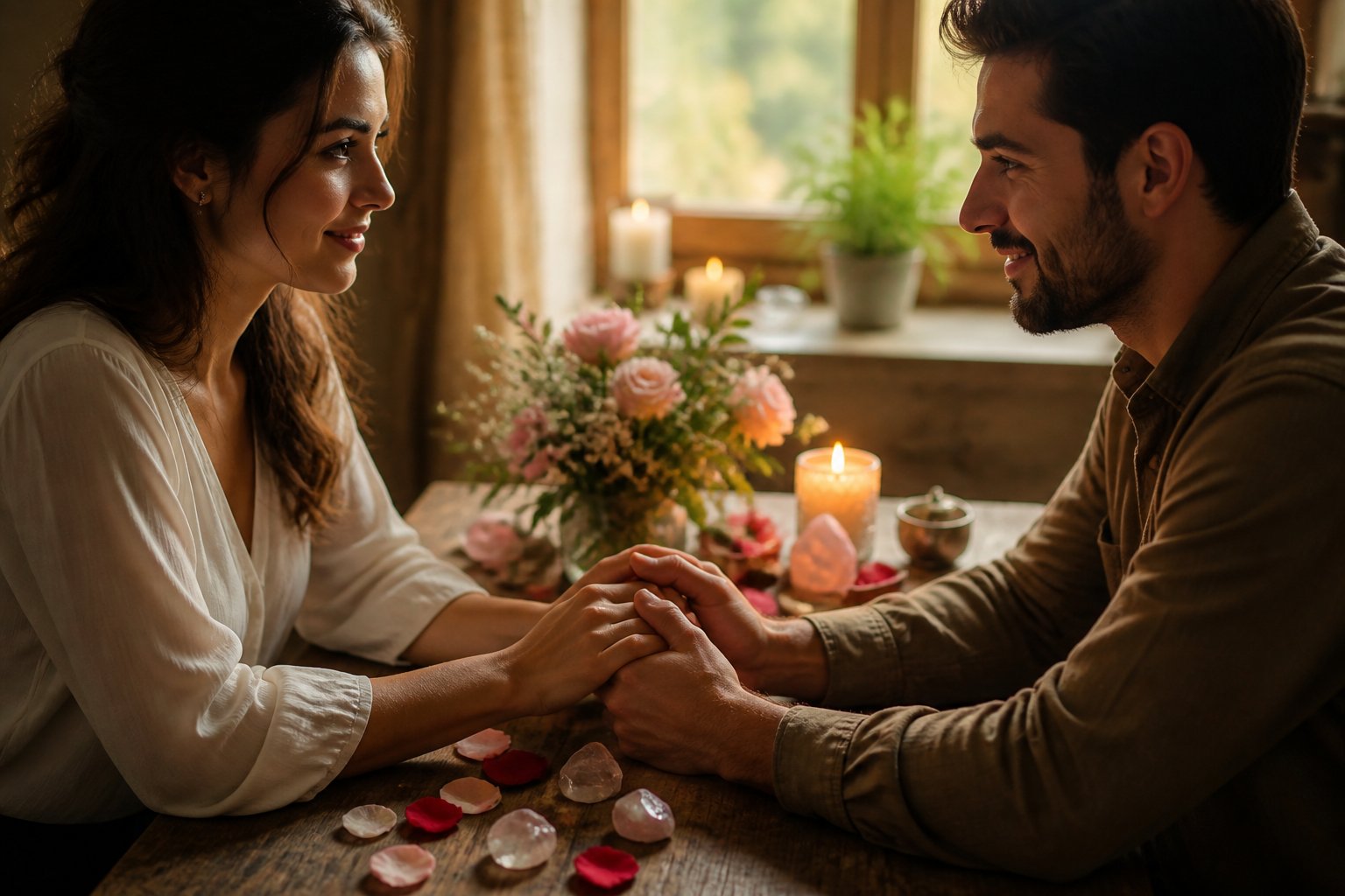 Casal segurando as mãos sobre uma mesa com flores, vela acesa e pétalas de rosa, simbolizando união e carinho.