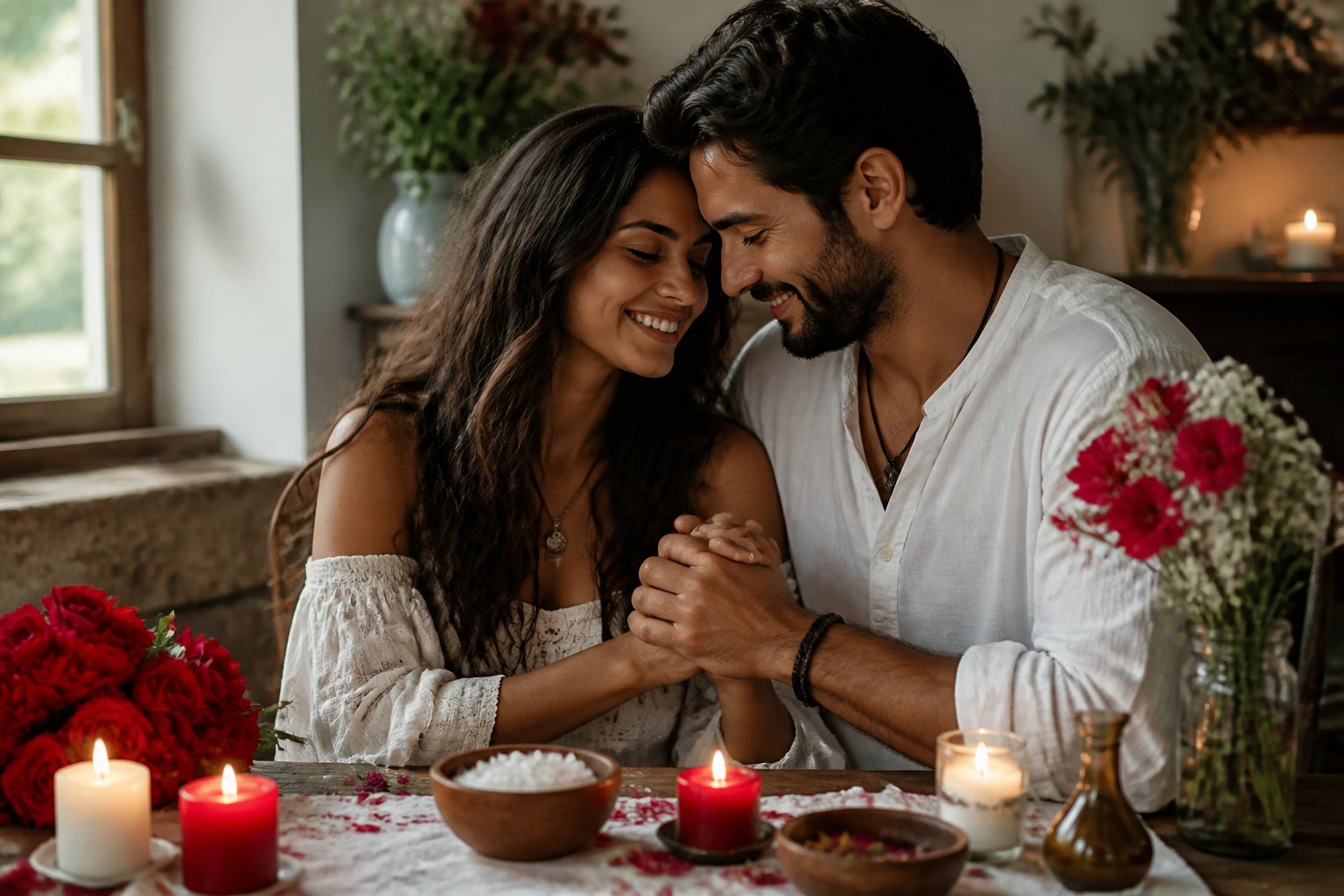 Um casal sentado próximo em uma mesa com velas e flores, compartilhando um momento afetuoso e íntimo que simboliza a união e o fortalecimento do relacionamento.