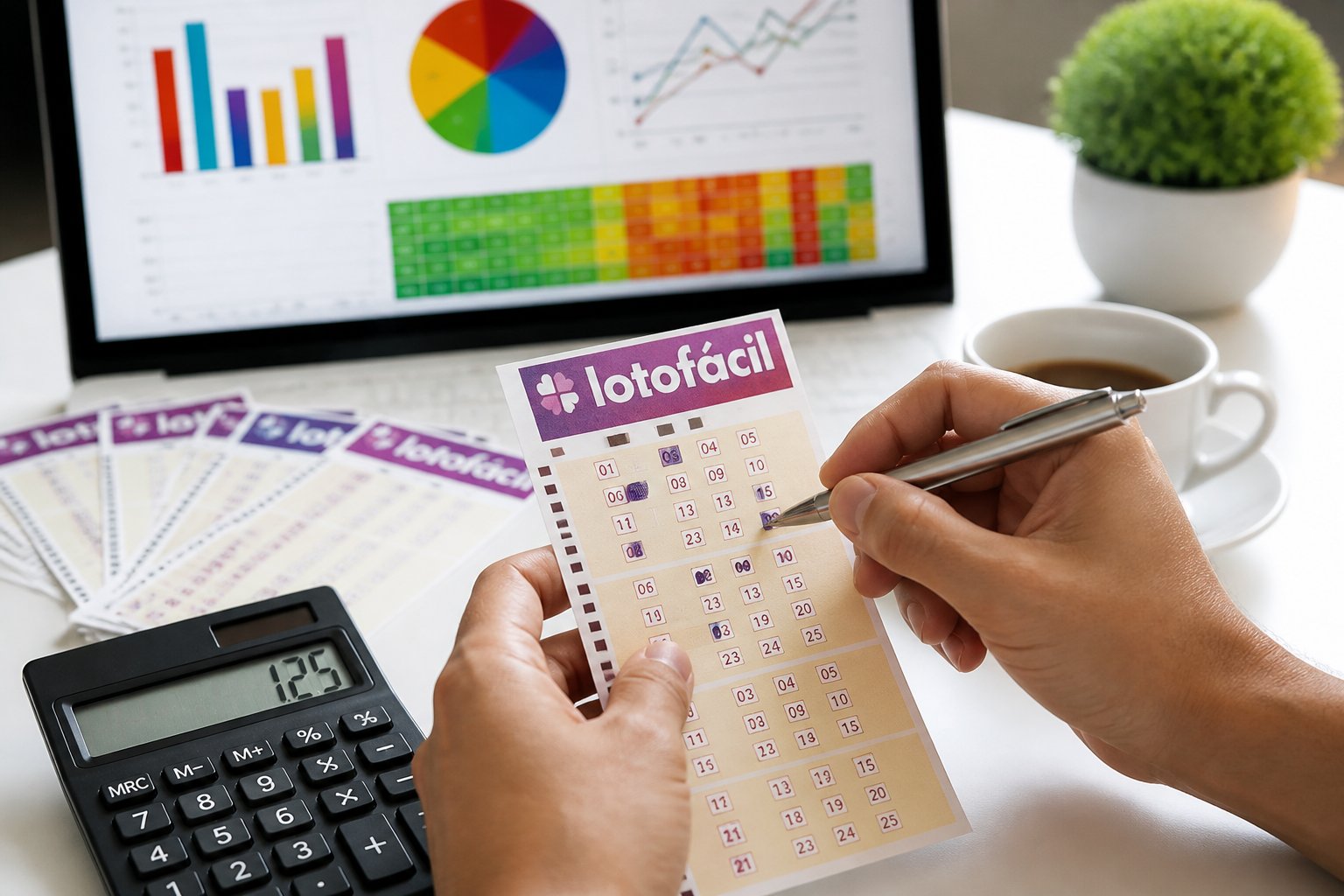 Mãos marcando números em um bilhete de loteria Lotofácil com calculadora e gráficos ao fundo.