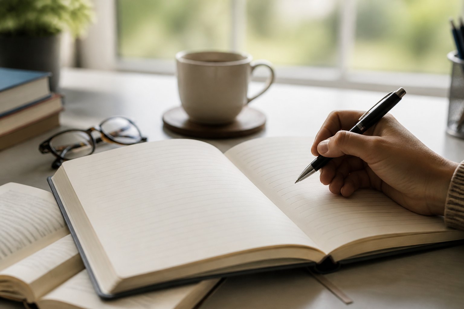 Mesa de estudo com um caderno aberto, uma mão segurando uma caneta pronta para escrever, uma xícara de café e óculos sobre a mesa, em um ambiente iluminado por luz natural.
