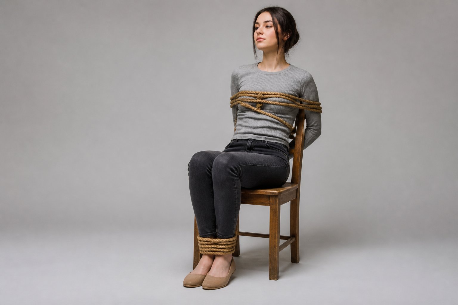Pessoa sentada em cadeira com mãos e pés amarrados com cordas, em ambiente interno com fundo neutro.