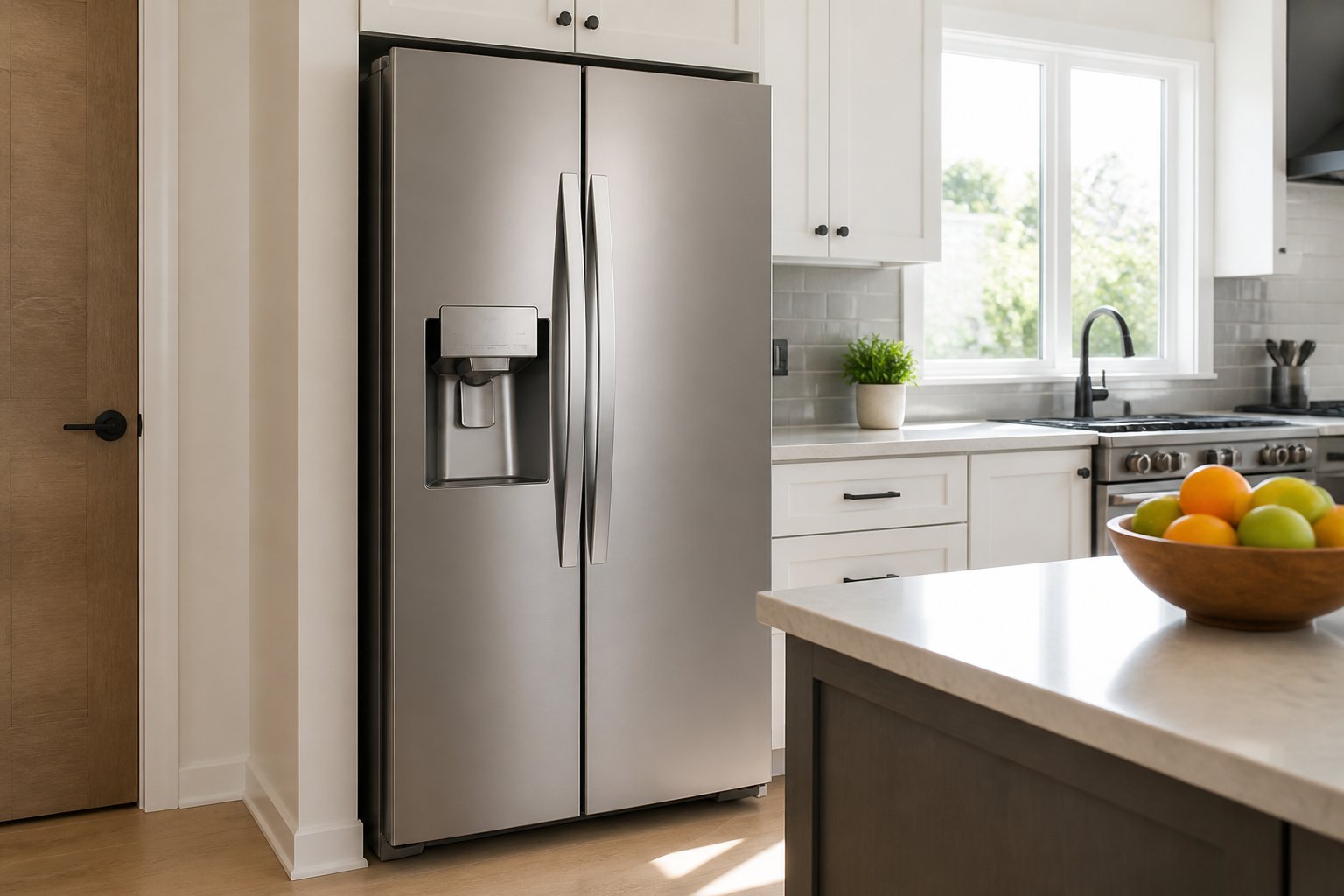 Geladeira LG side by side de aço inox em cozinha moderna e iluminada, com frutas e planta ao redor.