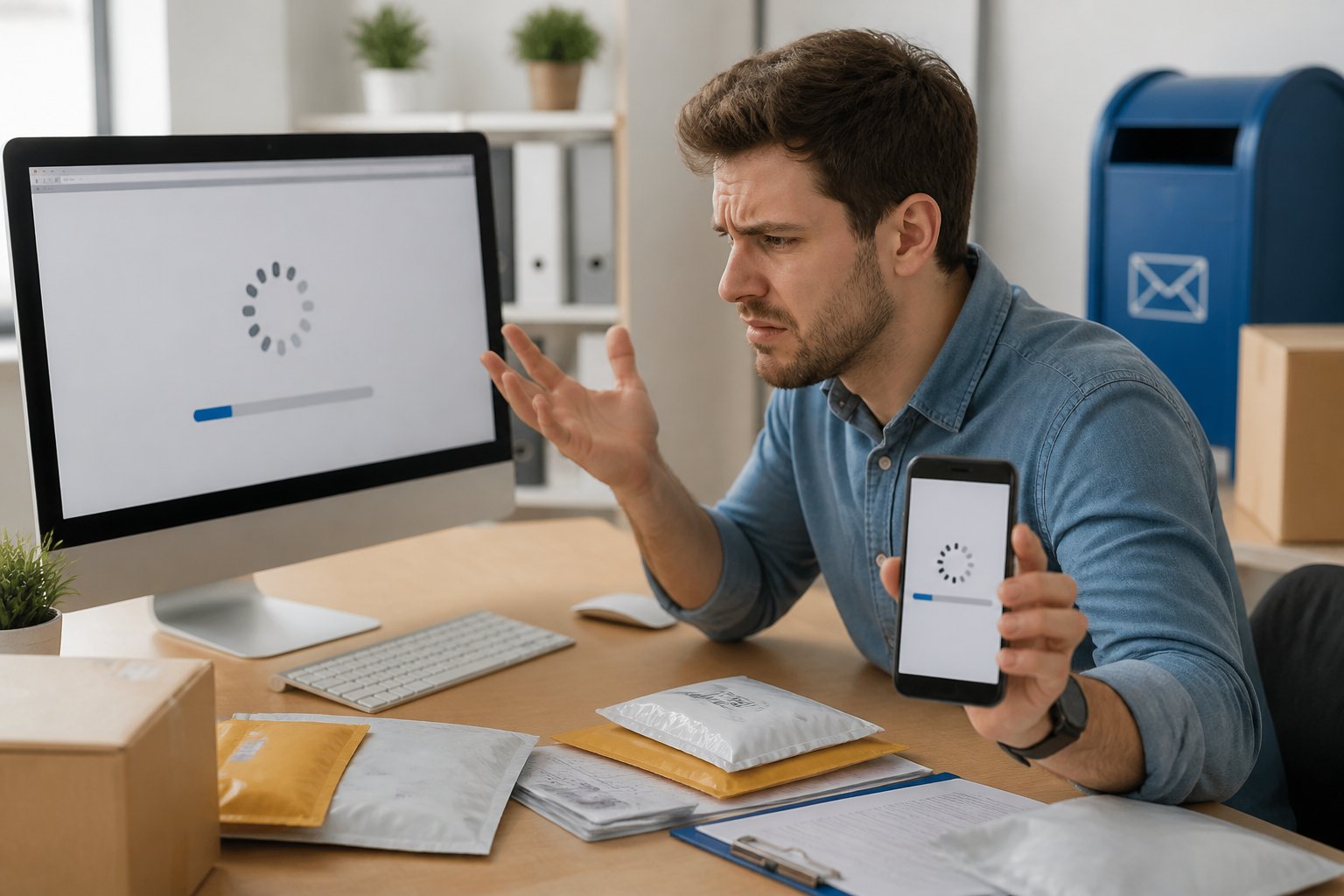 Pessoa frustrada sentada em uma mesa olhando para a tela do computador com status de rastreamento postal não atualizado, segurando um celular com situação semelhante, com envelopes e pacotes ao redor.
