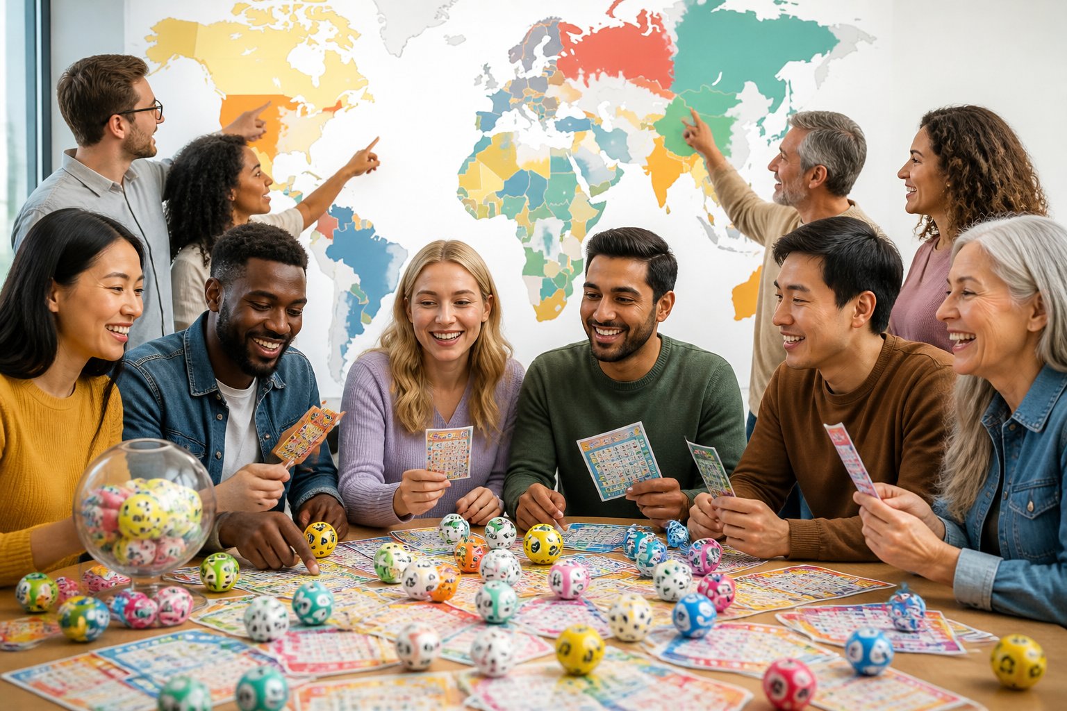 Grupo diversificado de pessoas reunidas em torno de uma mesa com bilhetes e bolas de loteria de diferentes países, com um mapa-múndi ao fundo.