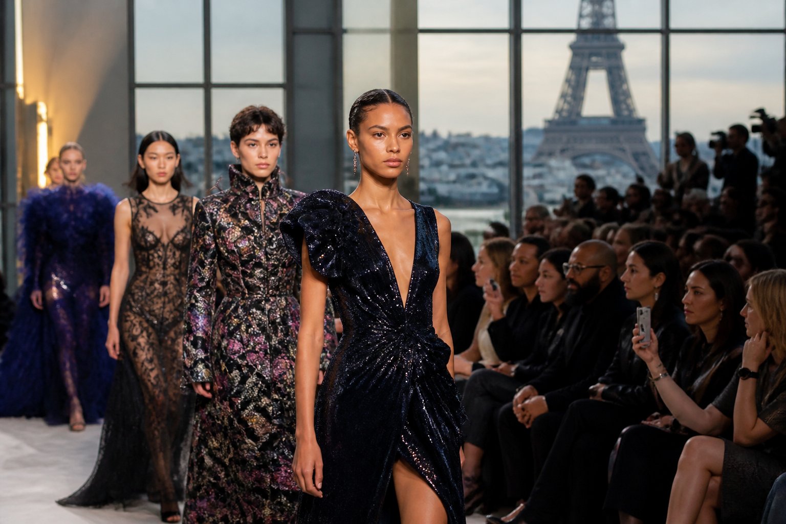Modelos desfilando em uma passarela durante a Semana de Moda de Paris, com público assistindo e a Torre Eiffel ao fundo.
