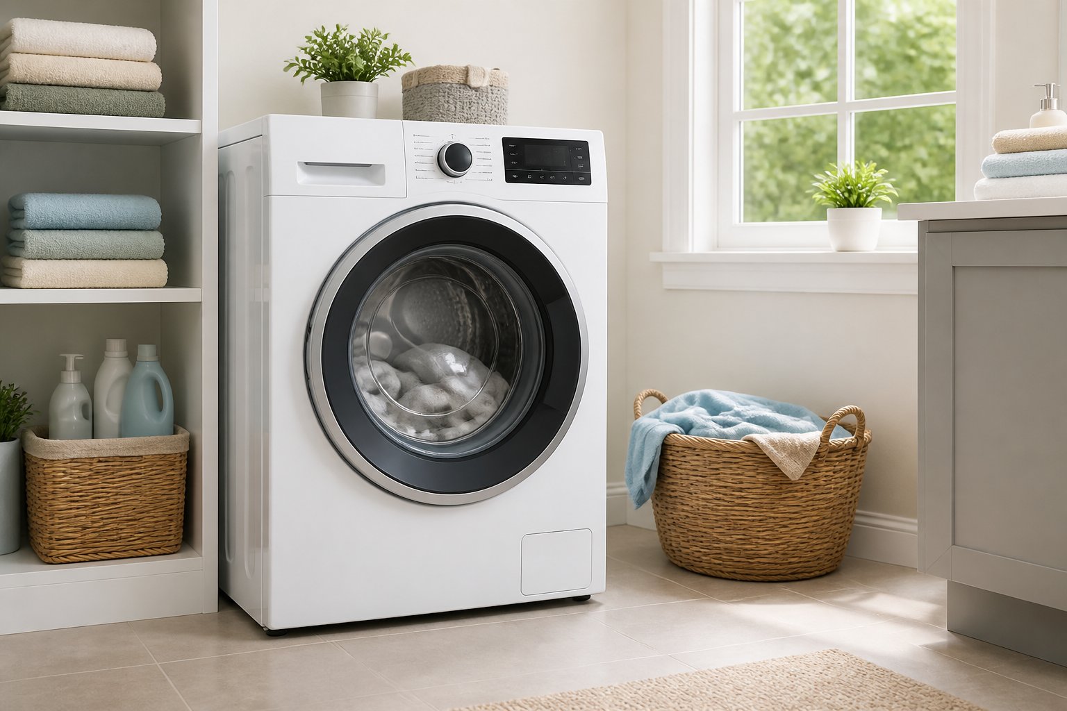 Máquina de lavar branca em uma lavanderia limpa e organizada com toalhas dobradas e cesta de roupa ao lado.