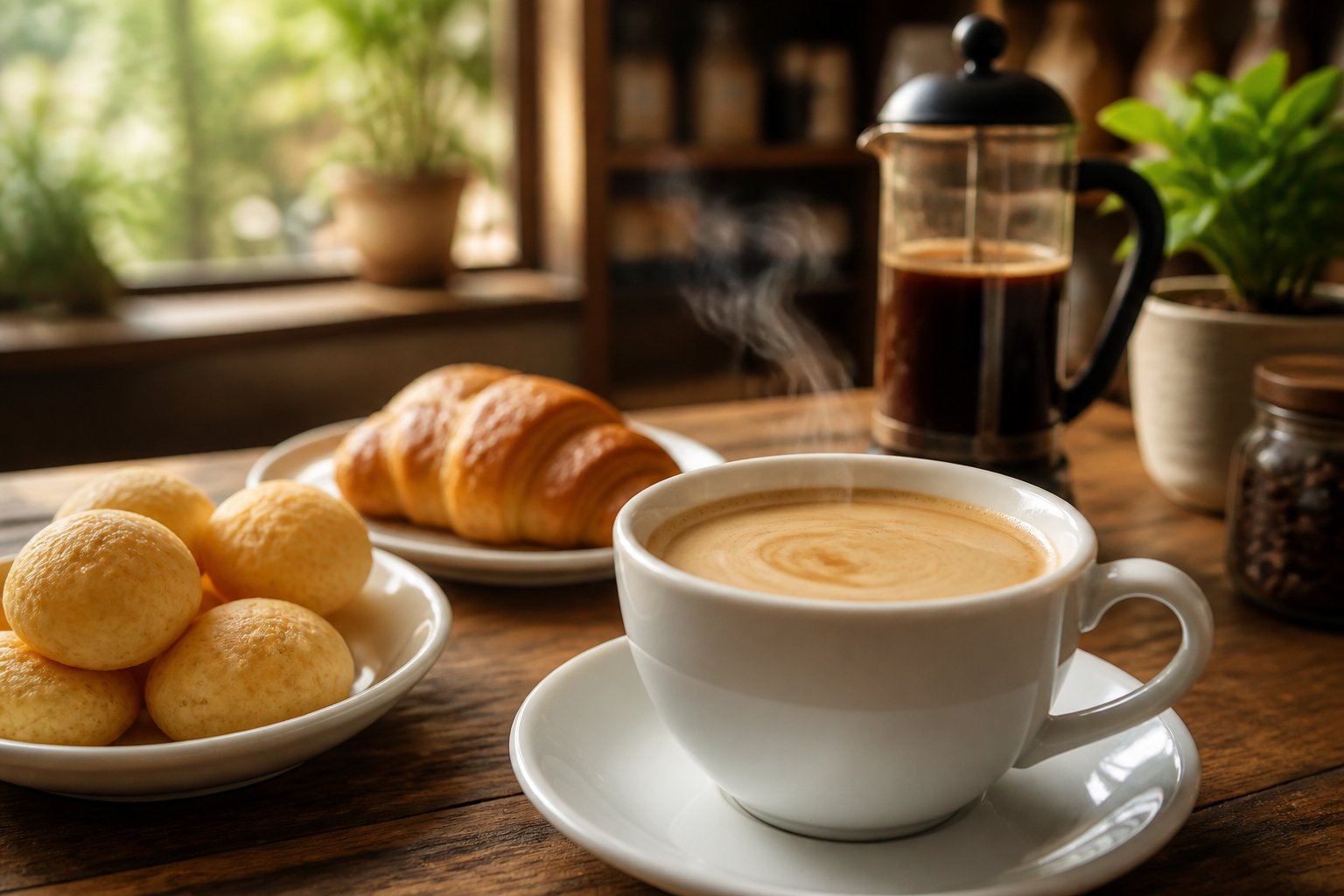 Uma xícara de café com leite em uma mesa de madeira com pão de queijo e um croissant em um café acolhedor.