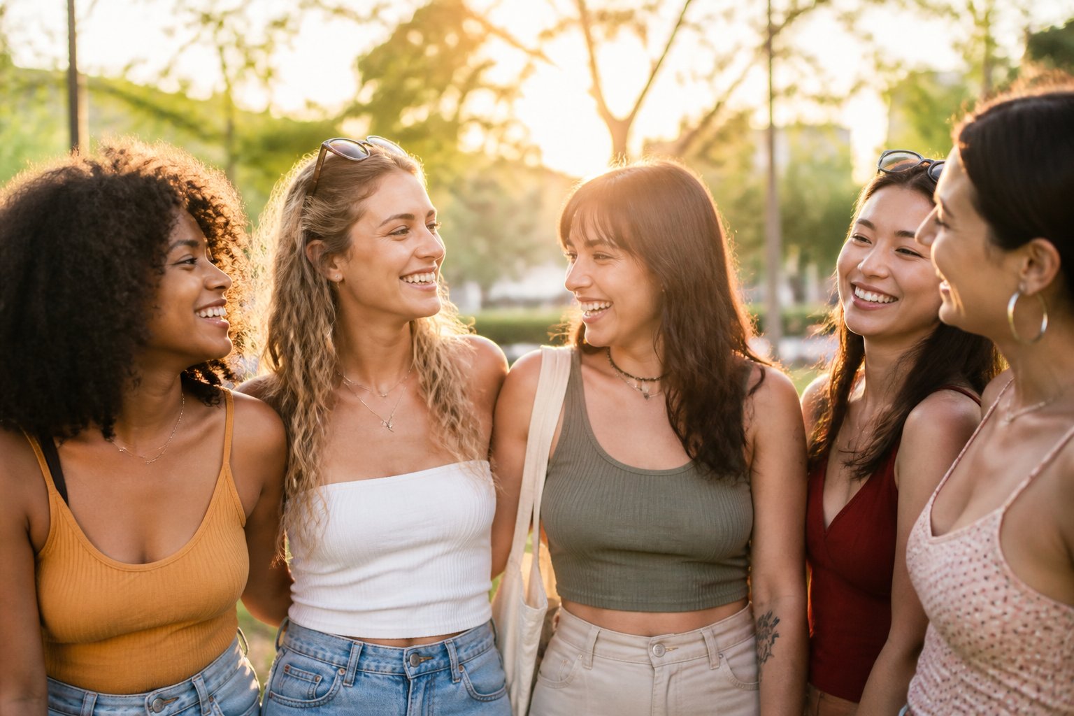 Grupo de jovens mulheres sorrindo e conversando ao ar livre em um parque durante o pôr do sol.