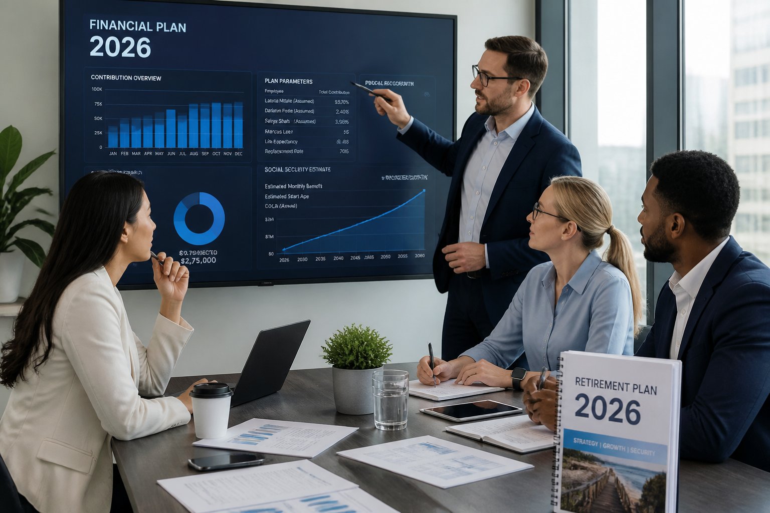 Profissionais em escritório moderno analisando gráficos e tabelas financeiras relacionadas a planejamento para 2026.