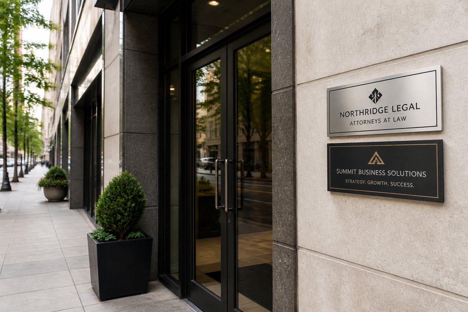 Entrada de um edifício comercial moderno com duas placas de empresas diferentes lado a lado, indicando duas empresas no mesmo endereço.