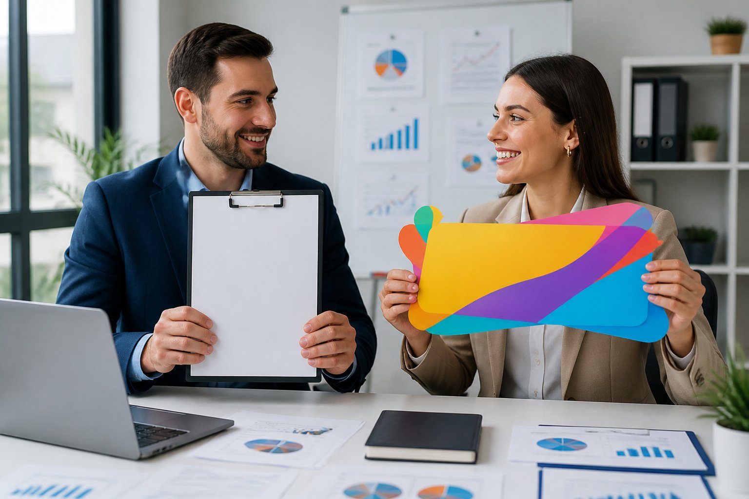 Dois profissionais em um escritório discutindo a diferença entre um documento formal e uma placa colorida que representam conceitos empresariais distintos.