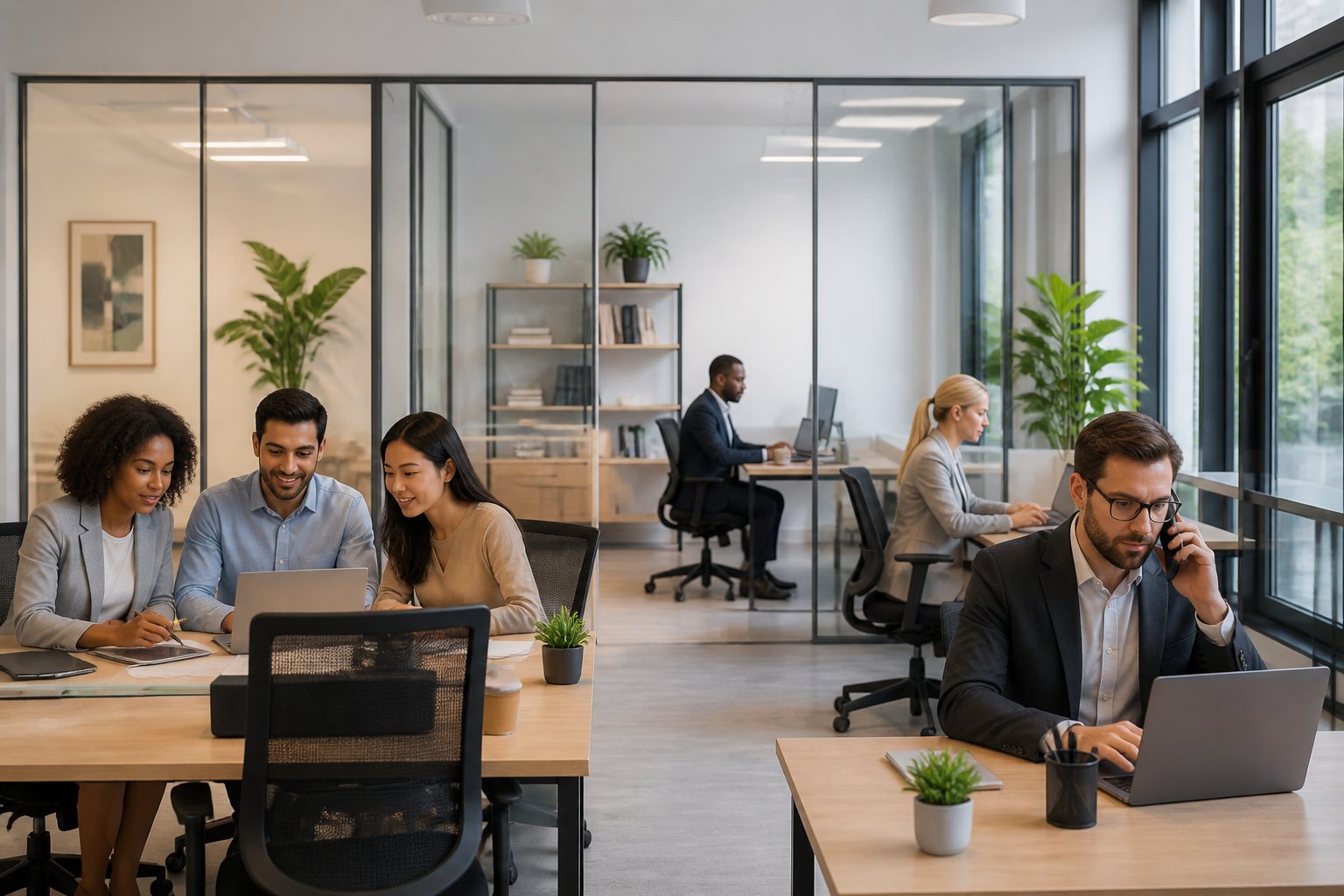 Ambiente de escritório moderno com duas empresas diferentes compartilhando o mesmo endereço comercial, pessoas trabalhando em mesas distintas dentro do mesmo espaço.