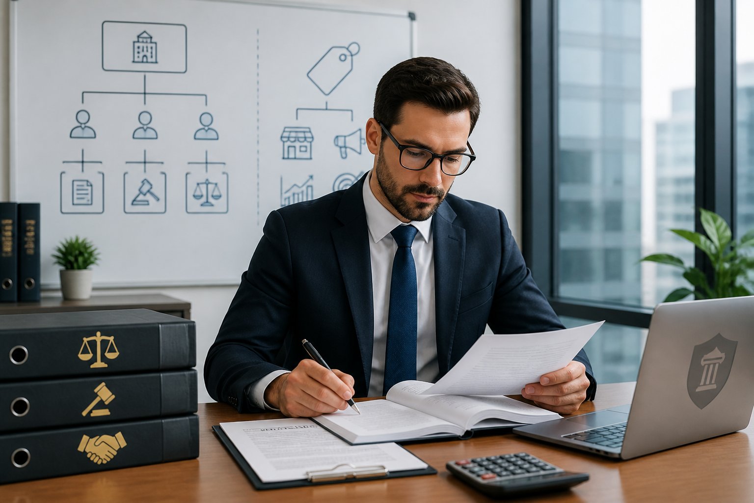 Profissional em escritório moderno analisando documentos legais e comerciais, com laptop e materiais de trabalho relacionados a nomes empresariais.