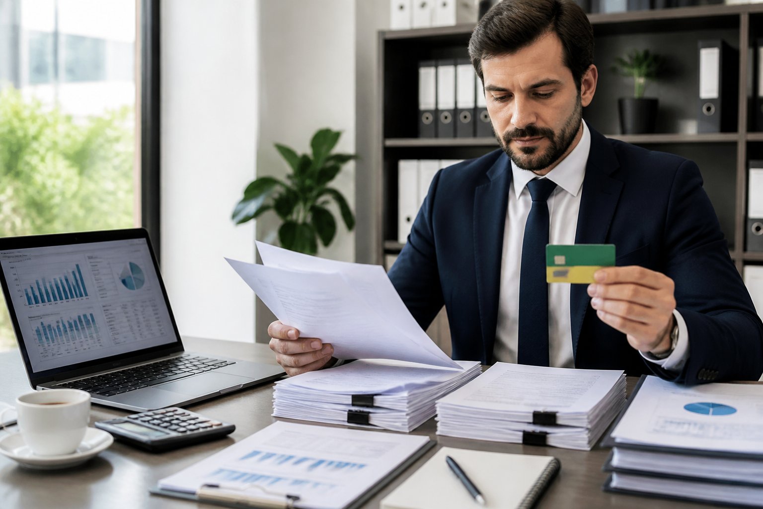 Pessoa em escritório revisando documentos e usando laptop com gráficos financeiros, representando gestão de múltiplos CNPJs.