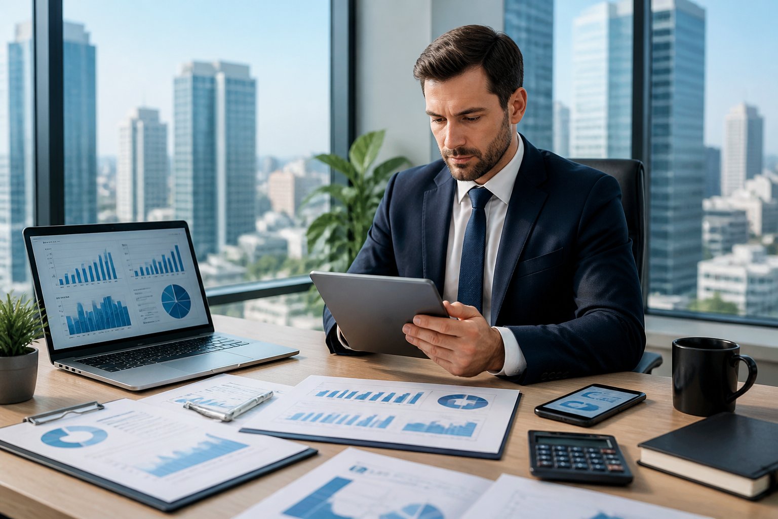 Pessoa de negócios em escritório moderno analisando gráficos e documentos sobre gestão de múltiplas empresas, com vista para a cidade ao fundo.