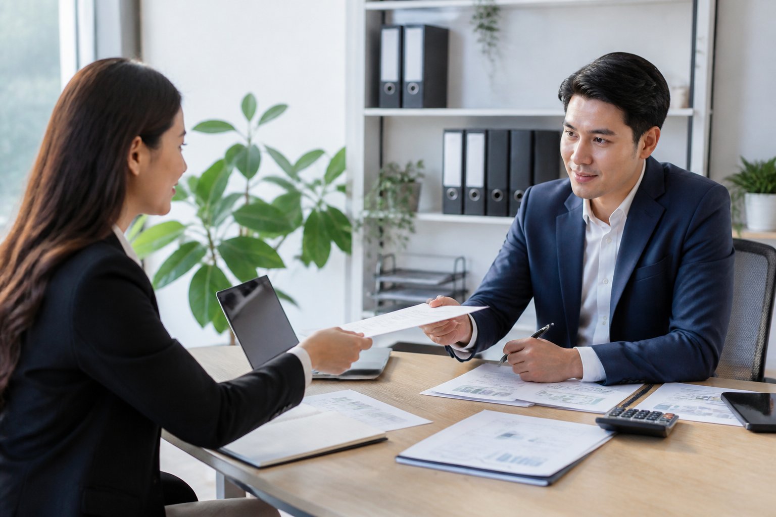 Duas pessoas em um escritório moderno discutindo documentos financeiros sobre uma mesa.