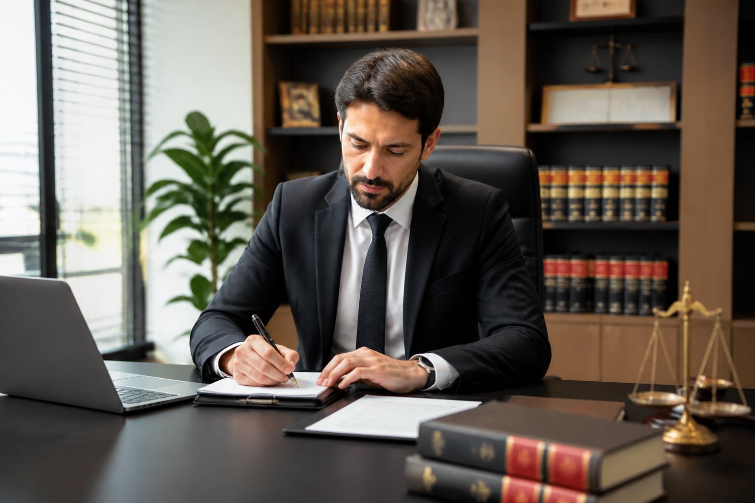 Advogado sozinho em escritório moderno, sentado à mesa com documentos e livros jurídicos, transmitindo profissionalismo.