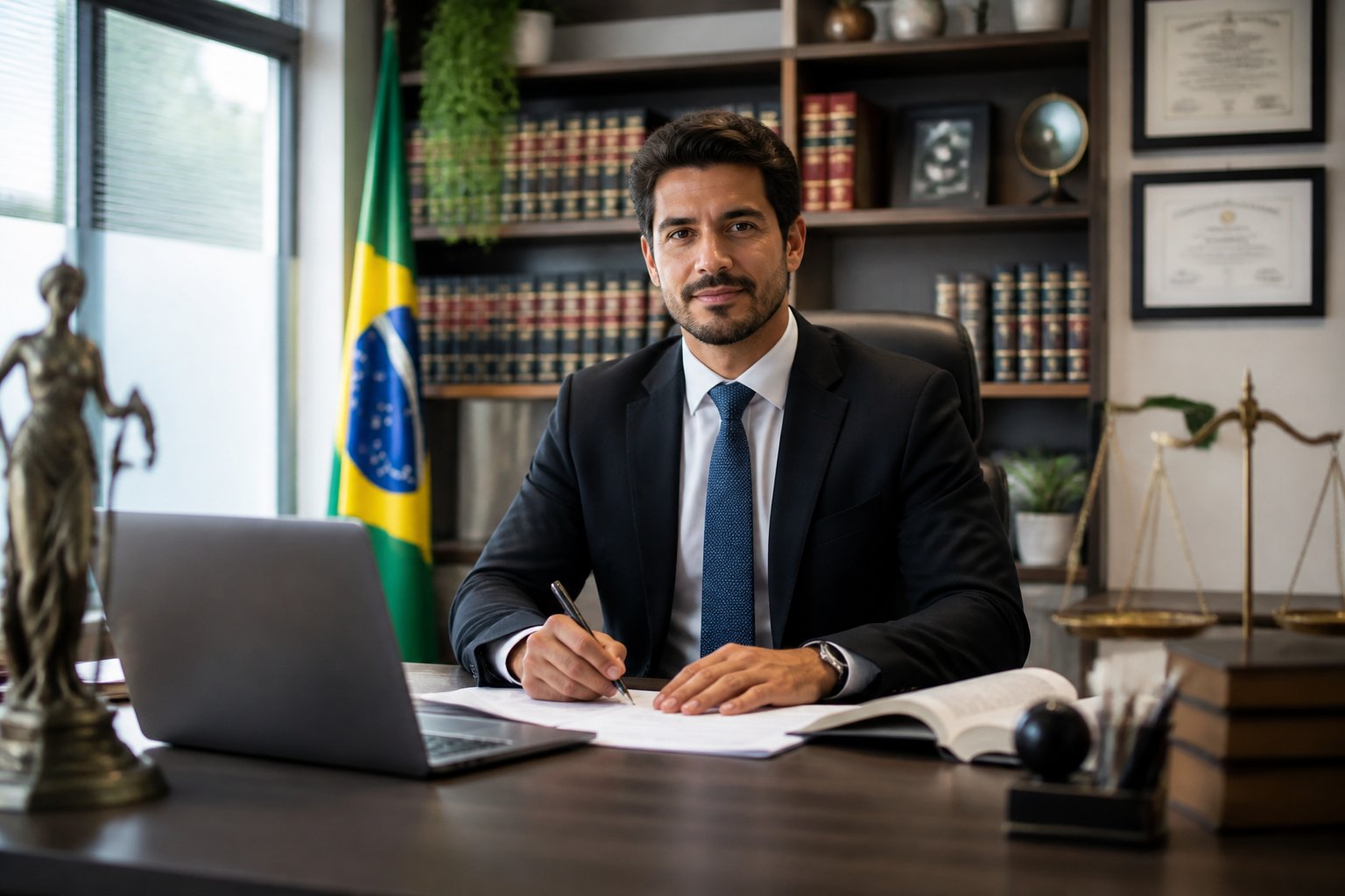 Advogado sentado em escritório moderno com documentos legais e laptop, em ambiente profissional e organizado.