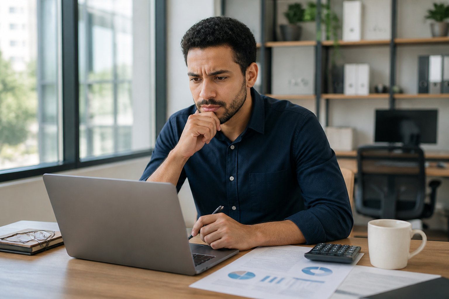 Homem brasileiro pensativo sentado em uma mesa de escritório com laptop e documentos, refletindo sobre finanças ou emprego.