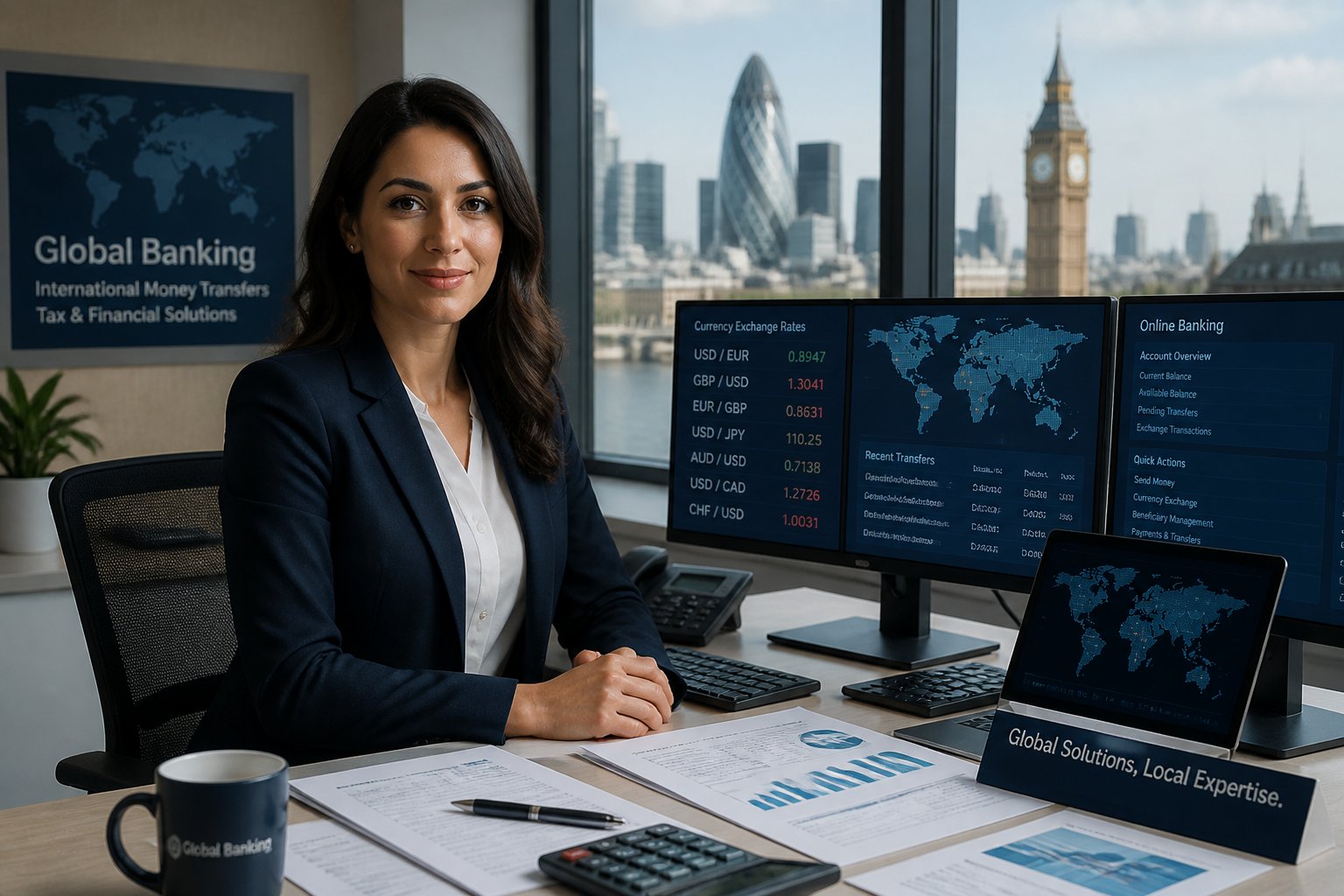 Mulher de negócios sentada em uma mesa moderna com computadores mostrando mapas e taxas de câmbio, em um escritório com vista para a cidade.
