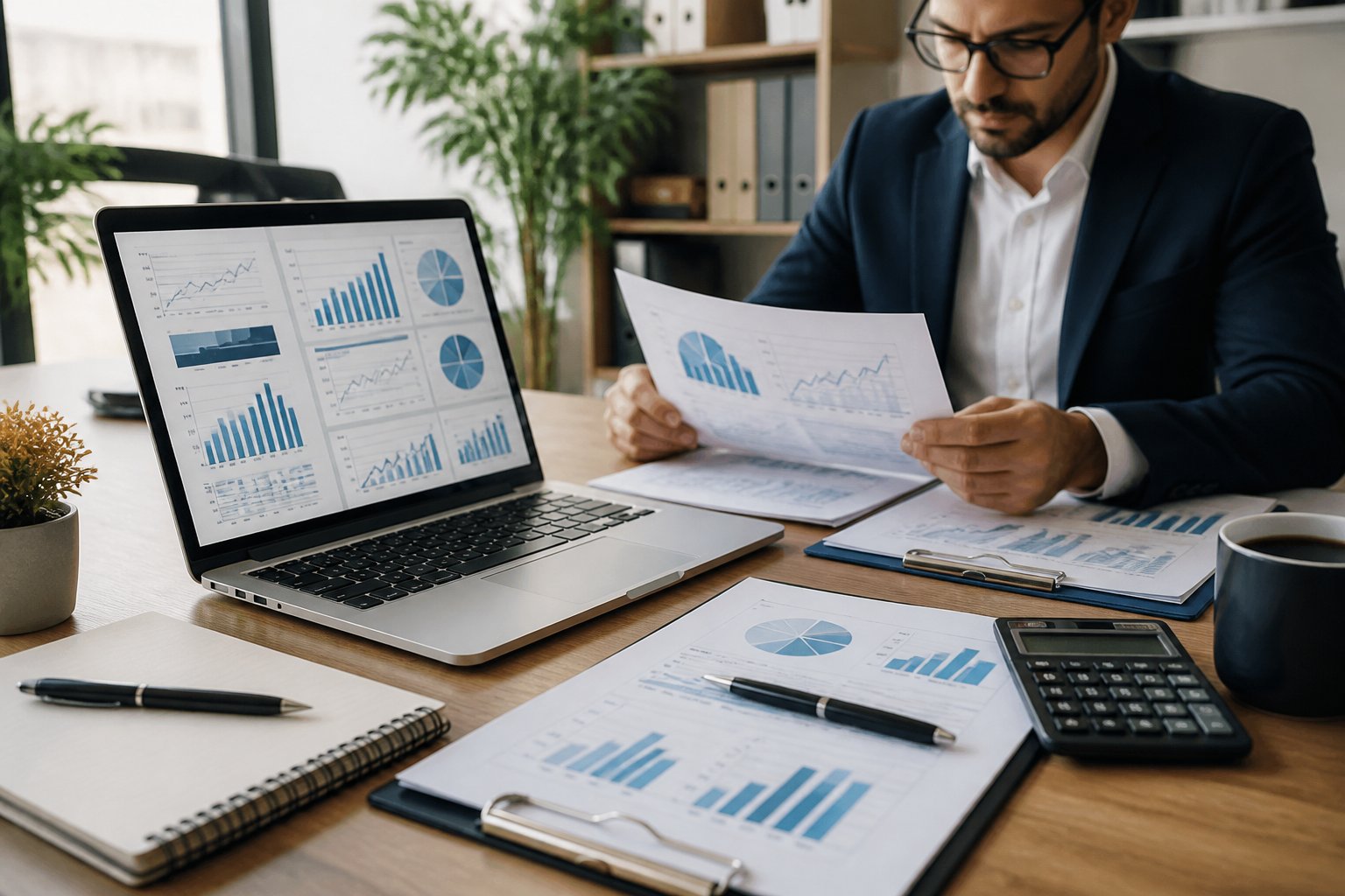 Pessoa em escritório moderno analisando gráficos financeiros no laptop, com documentos e calculadora na mesa.