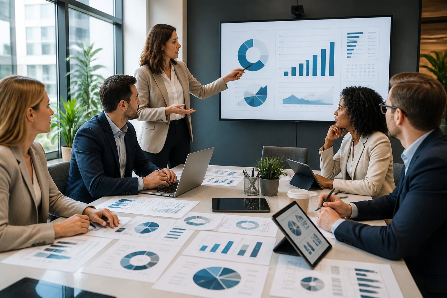 Profissionais em reunião de negócios analisando gráficos financeiros e percentuais em uma sala de escritório moderna.