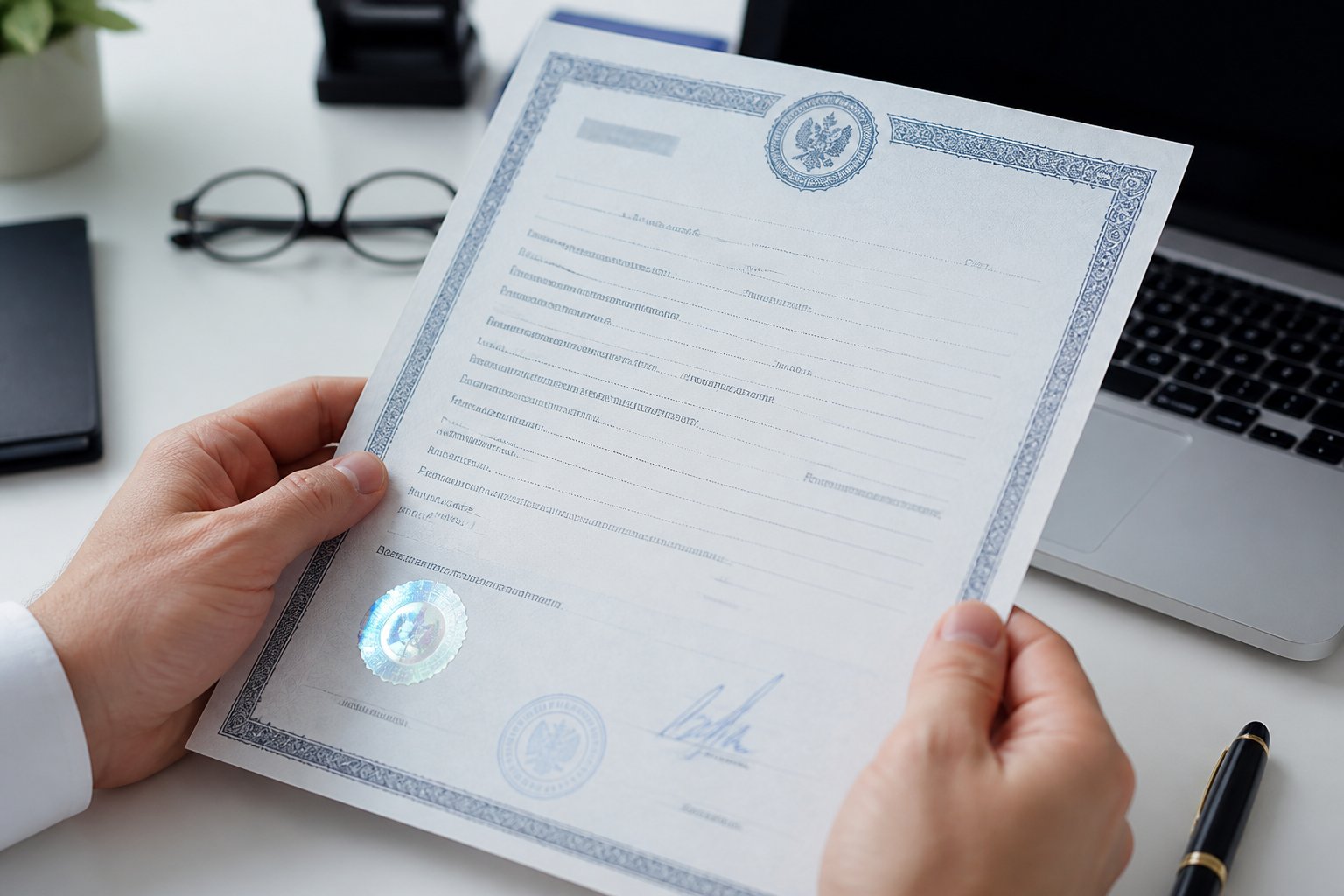 Mãos segurando um documento oficial de inscrição municipal sobre uma mesa com itens de escritório ao fundo.