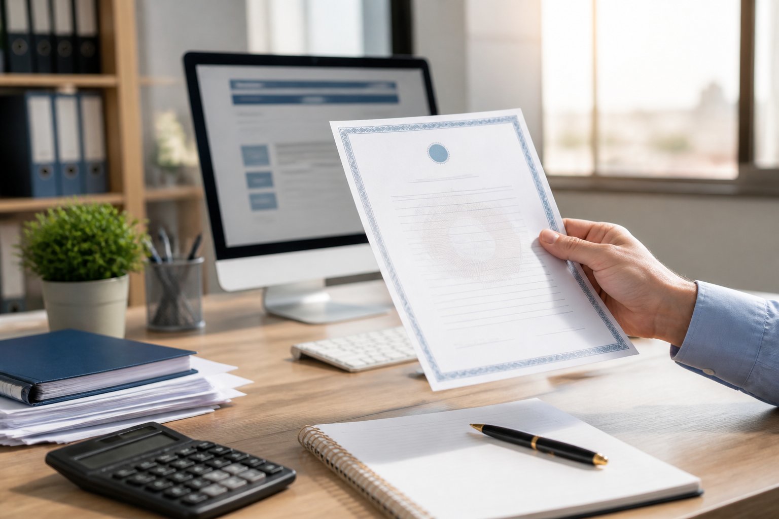 Mesa de escritório com documentos oficiais, uma mão segurando um comprovante impresso e um computador exibindo um formulário digital.