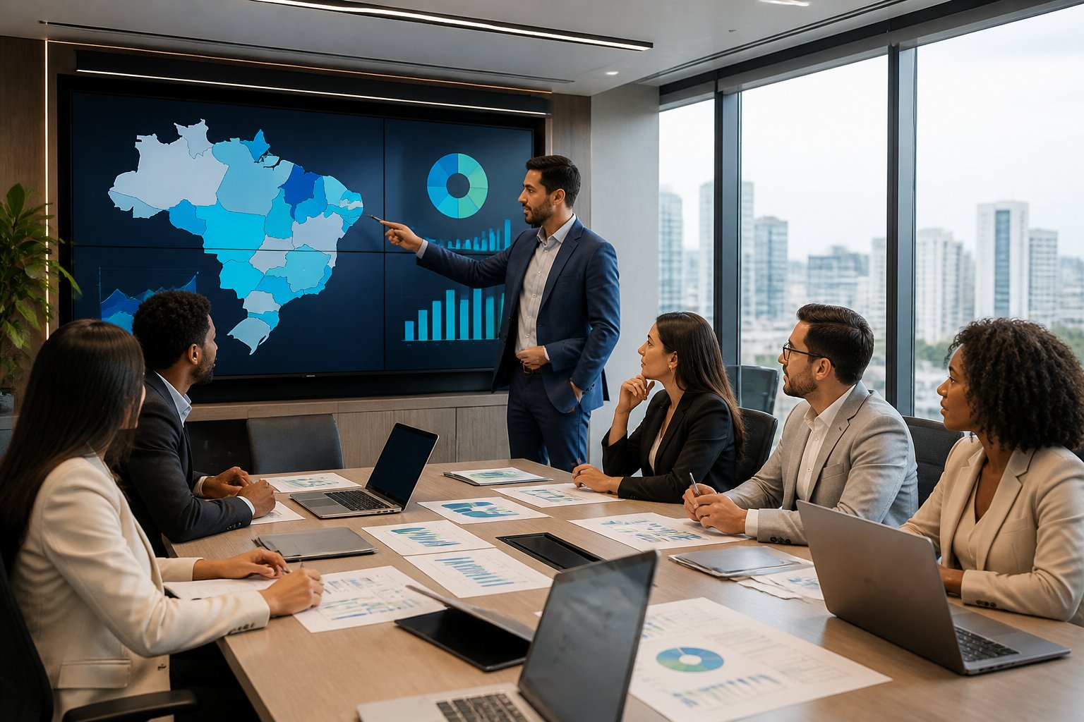 Profissionais de negócios reunidos em uma sala de conferências discutindo vendas interestaduais com gráficos e mapas ao fundo.