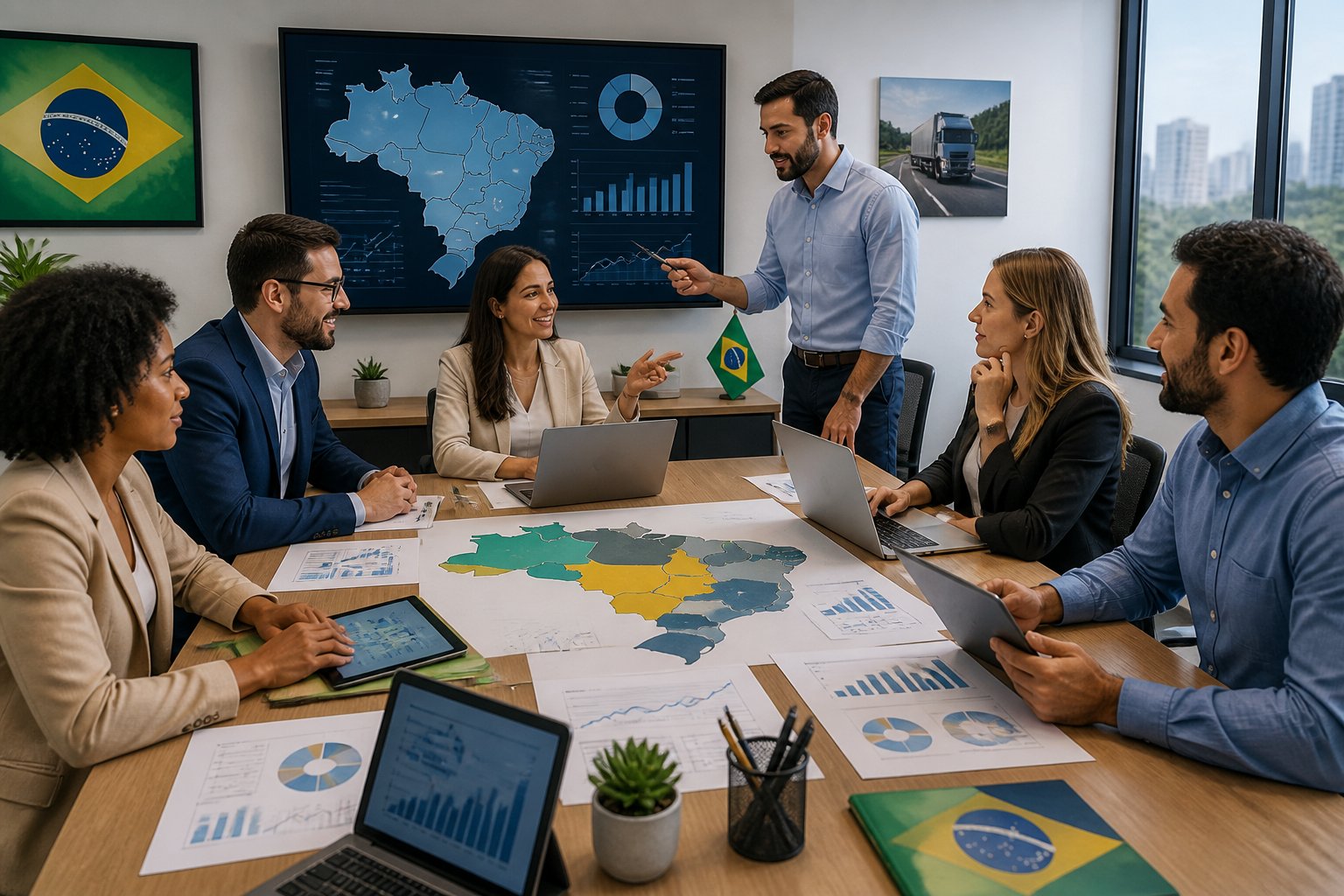 Profissionais de negócios reunidos em uma sala de conferências moderna, discutindo vendas interestaduais com mapas e gráficos ao fundo.