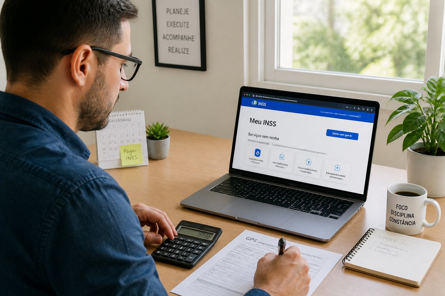 Pessoa sentada em uma mesa de escritório em casa, usando laptop e calculadora para organizar pagamentos do INSS por conta própria.