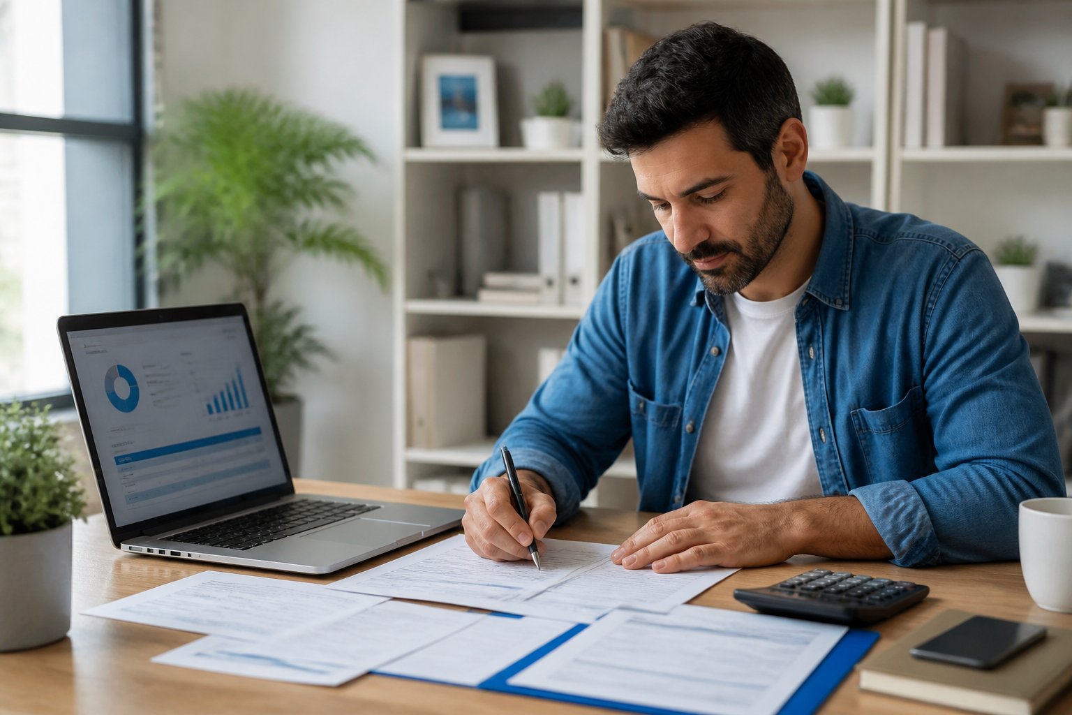Pessoa sentada em uma mesa organizando documentos e usando um laptop para pagar a contribuição individual ao INSS.