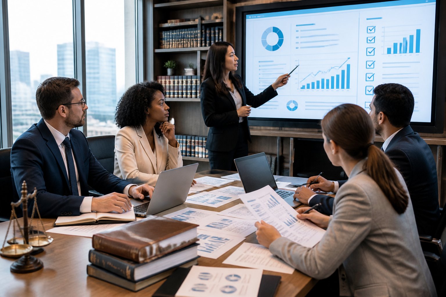 Profissionais de negócios discutindo documentos financeiros em uma sala de reunião moderna com livros e gráficos ao fundo.