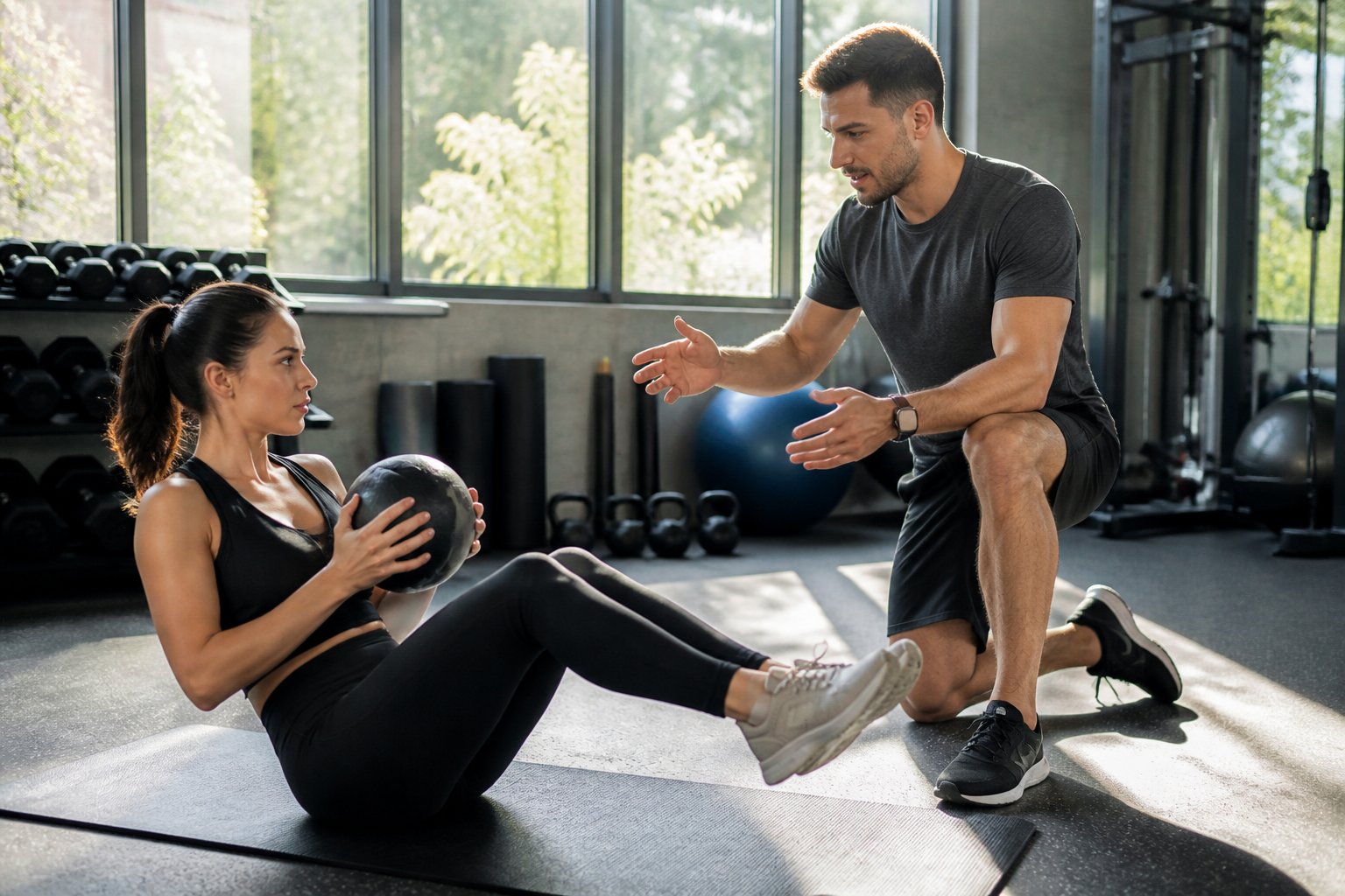 Um personal trainer orientando um cliente durante um exercício em uma academia moderna e bem iluminada.
