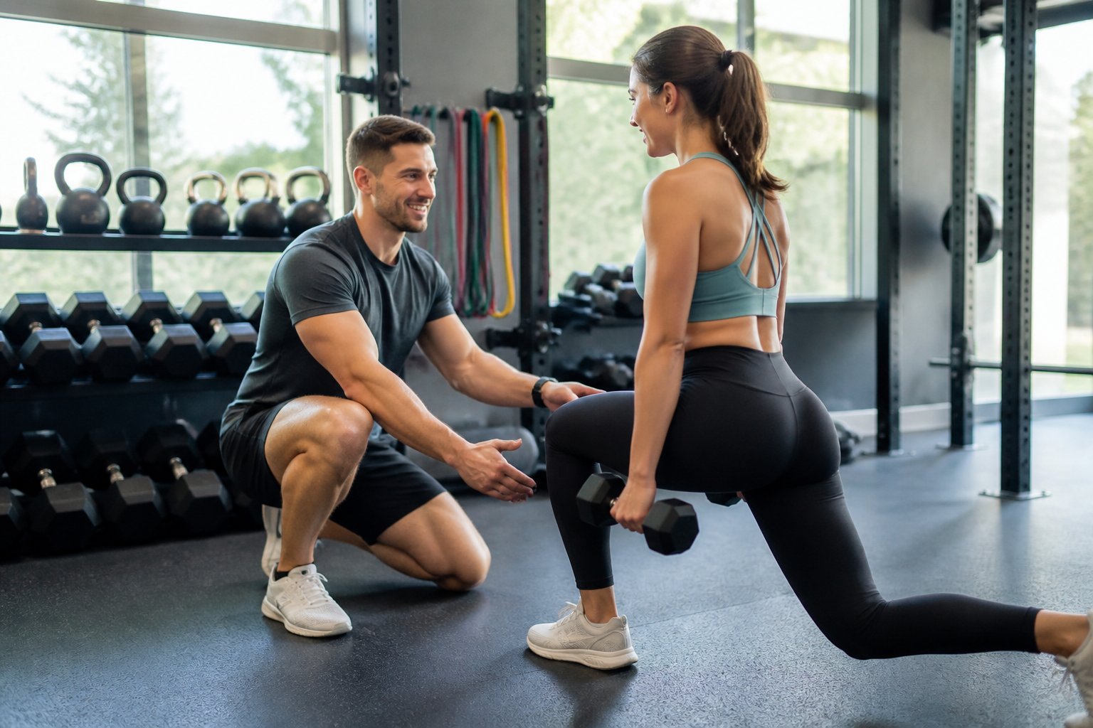 Personal trainer orientando um cliente durante treino em uma academia moderna com equipamentos ao fundo.