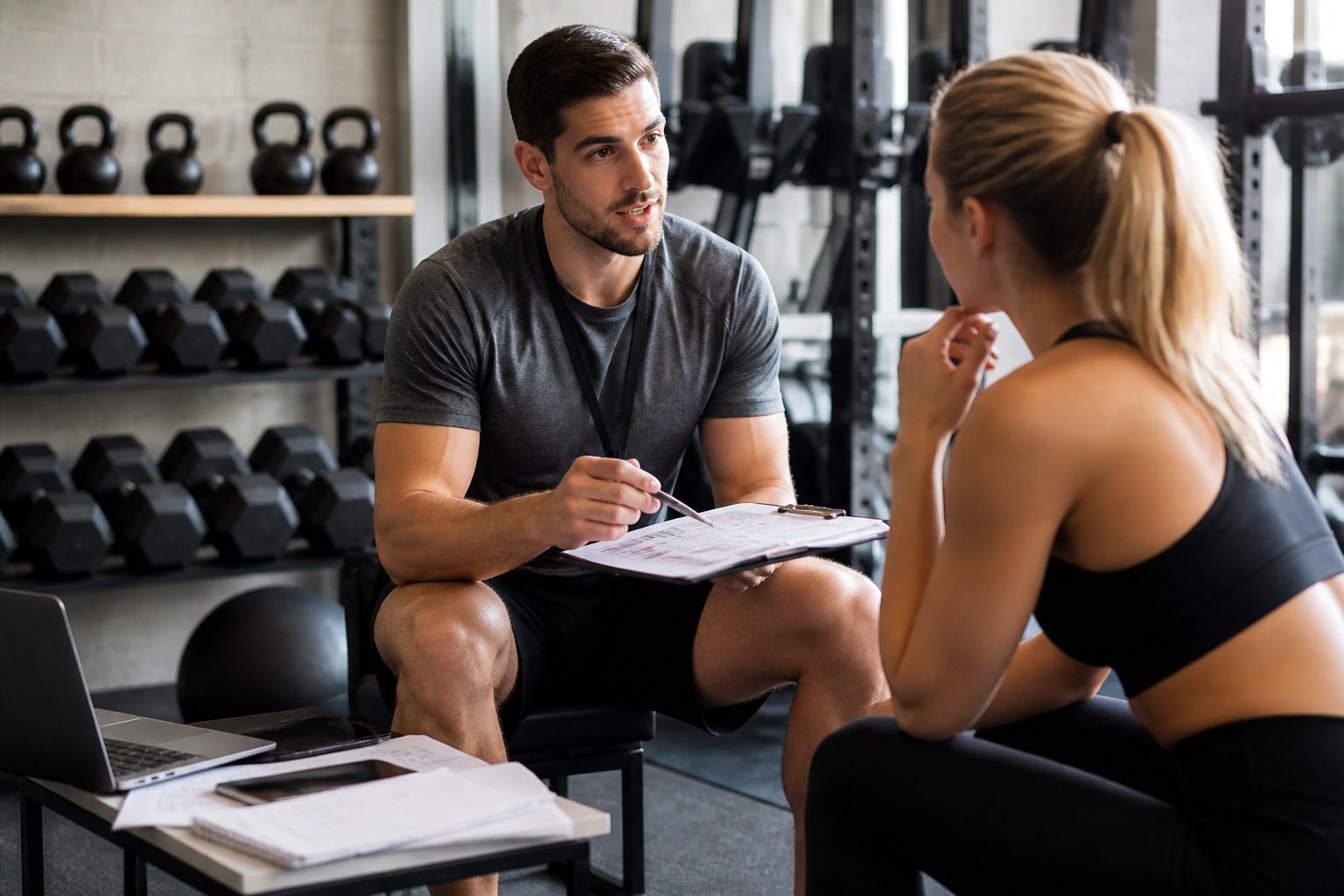 Personal trainer conversando com cliente em academia moderna, com equipamentos de ginástica ao fundo e documentos sobre uma mesa próxima.