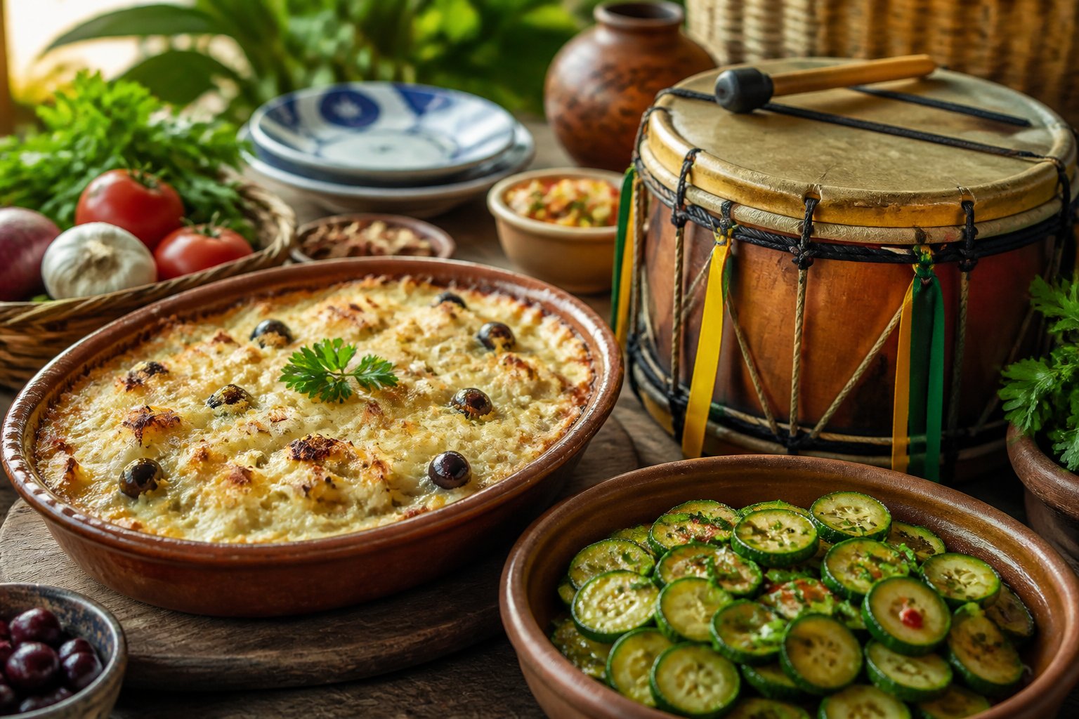 Mesa rústica com pratos brasileiros tradicionais começando com a letra Z, incluindo um ensopado cremoso de bacalhau, abobrinha refogada e um tambor típico ao lado.