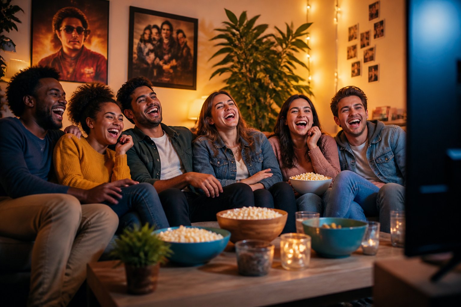 Grupo de amigos assistindo a um filme de comédia na sala, rindo juntos e se divertindo.