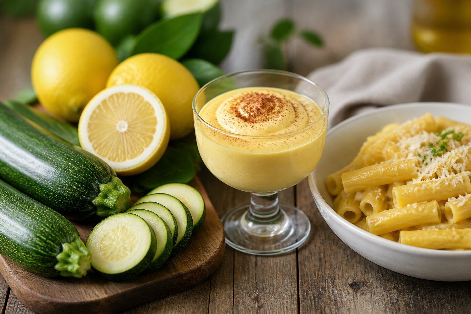 Mesa rústica com diversos alimentos frescos e coloridos que começam com a letra Z, incluindo abobrinha, sobremesa zabaglione, limões e macarrão ziti.