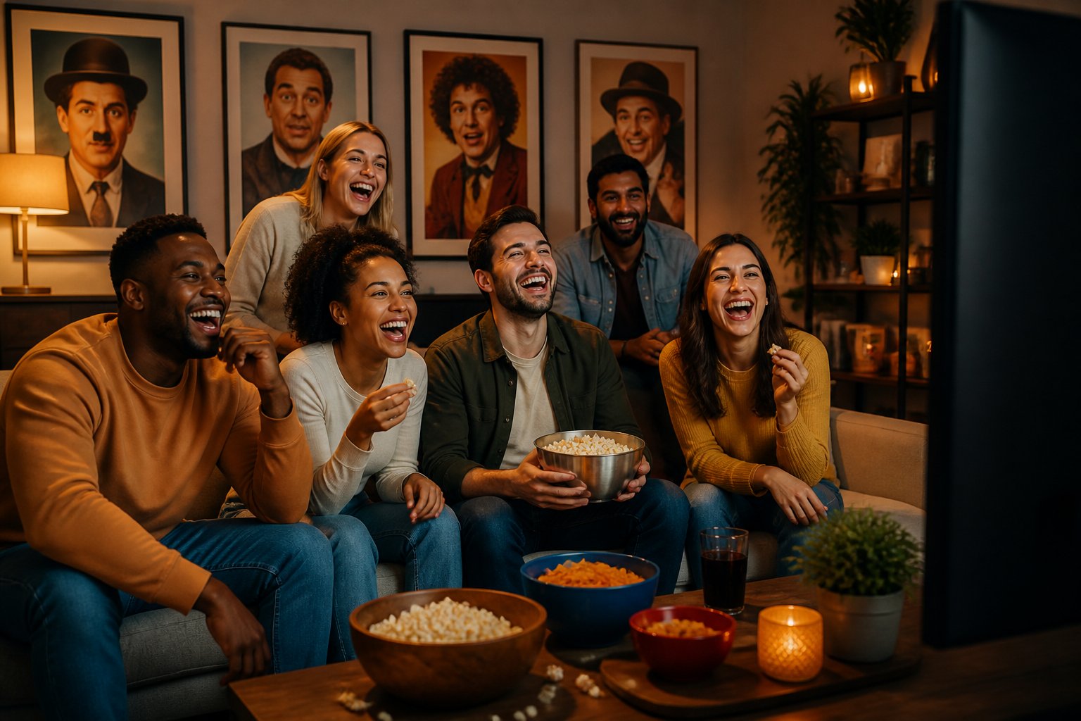 Grupo de adultos rindo juntos em uma sala assistindo a um filme de comédia na televisão.