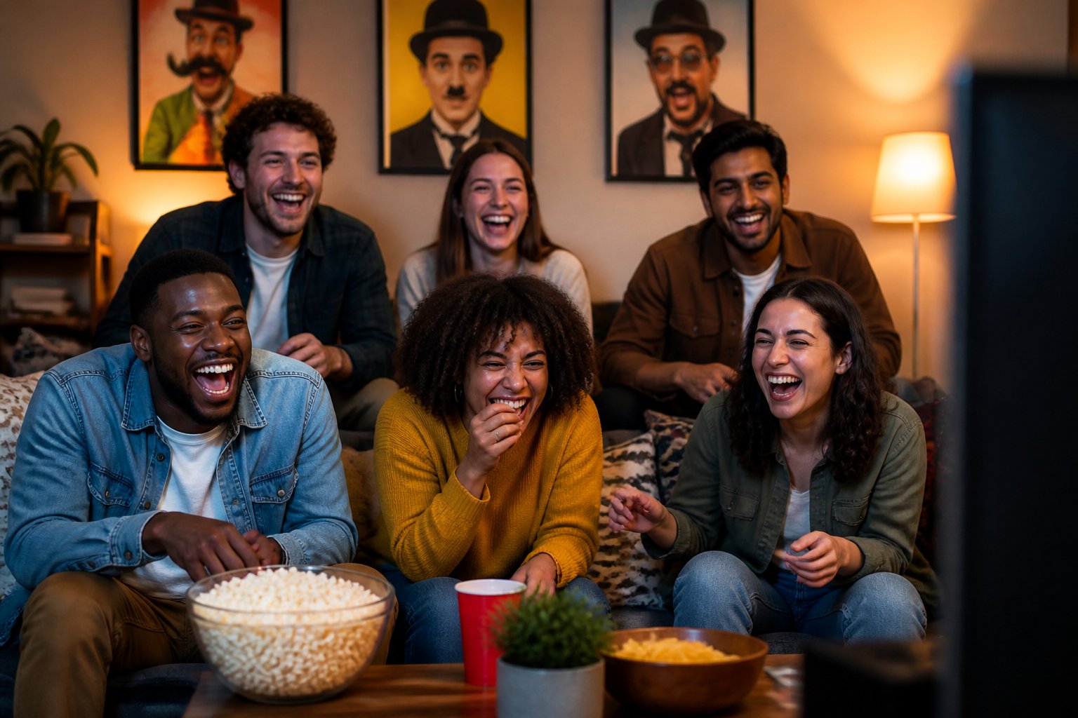 Grupo de pessoas sorrindo e rindo enquanto assistem a um filme juntos em uma sala aconchegante.