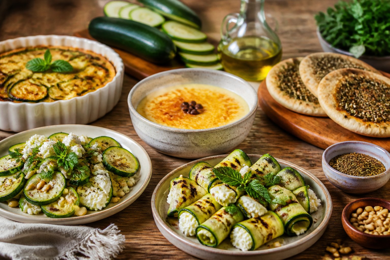Mesa rústica com pratos variados de receitas clássicas que começam com a letra Z, incluindo legumes, saladas e pães, dispostos de forma atraente.