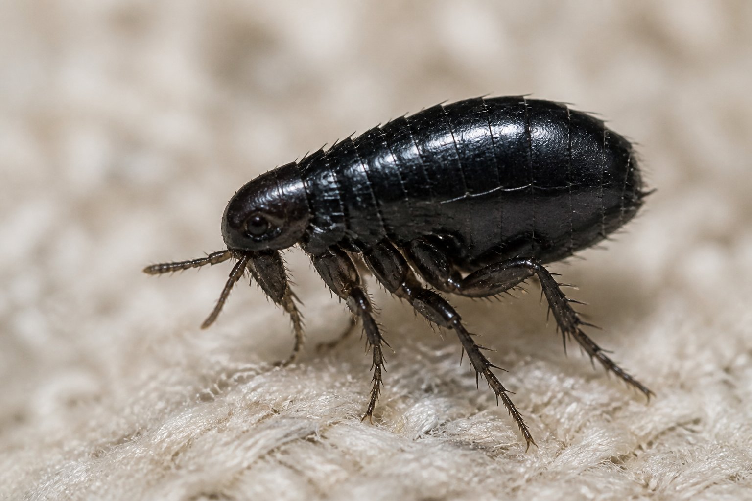 Close-up de um pequeno inseto preto que parece uma pulga sobre uma superfície natural.