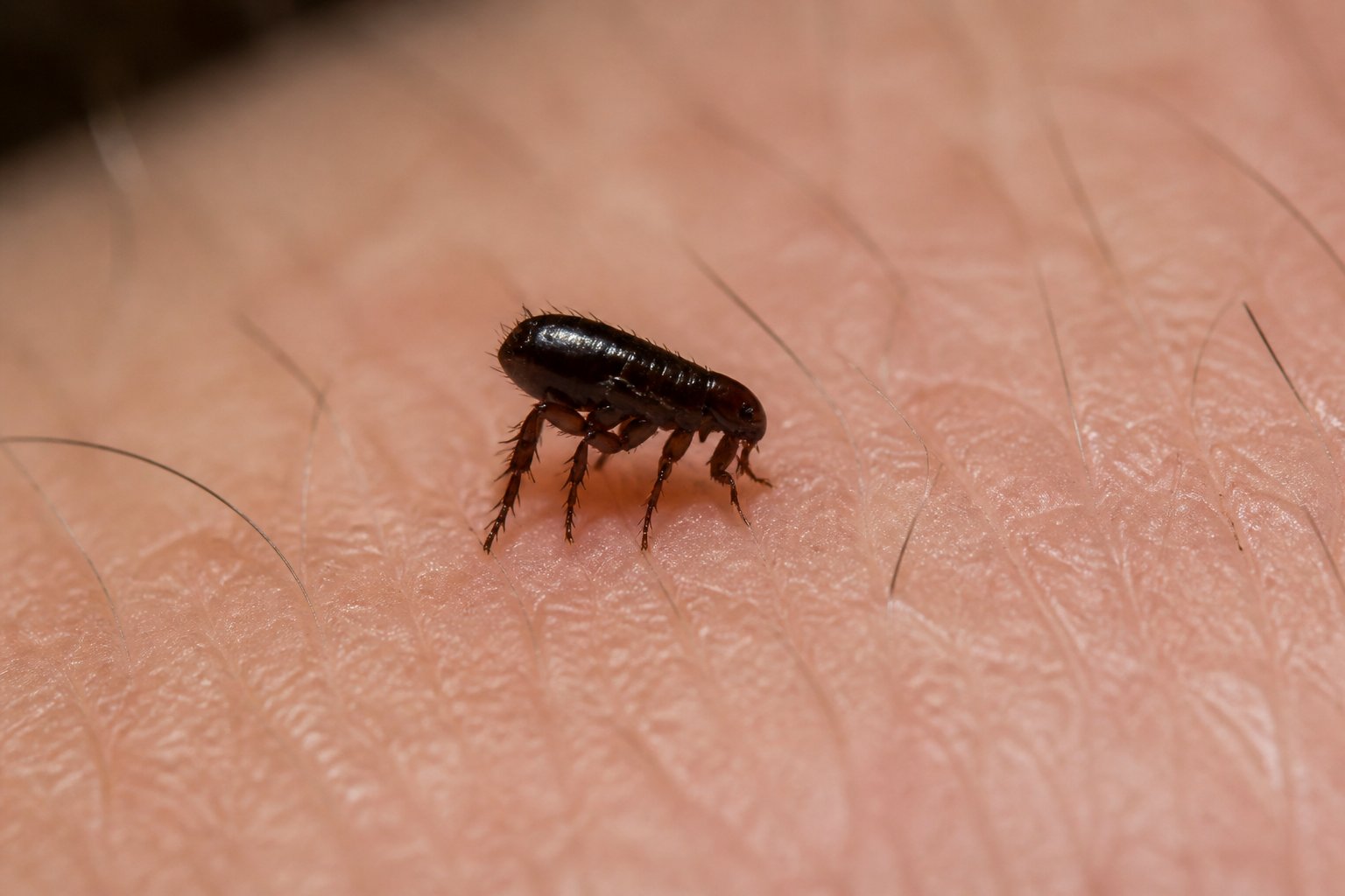 Close-up de um pequeno inseto preto parecido com pulga sobre a pele humana.