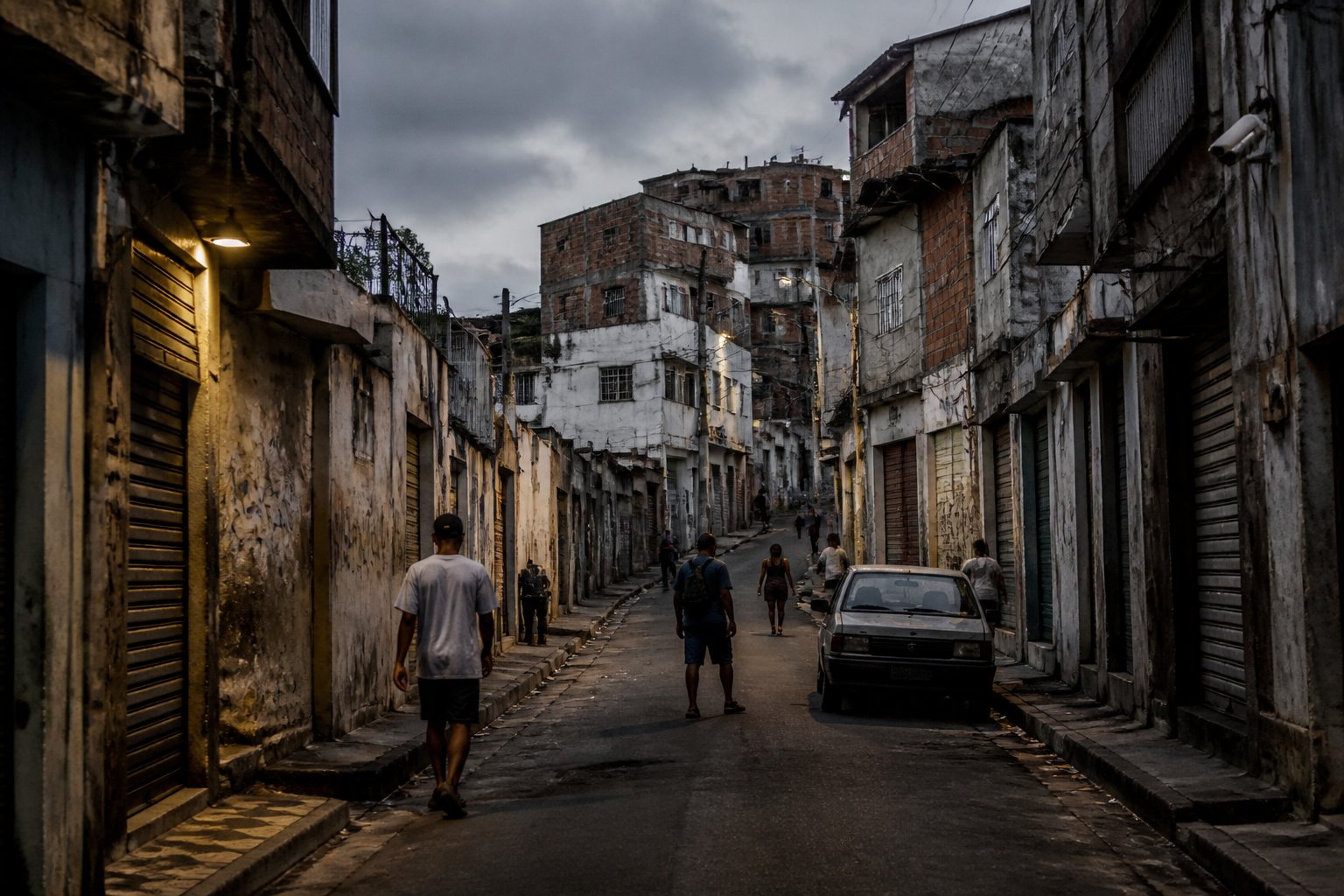 Rua estreita em um bairro de Salvador com prédios antigos, grafites nas paredes, iluminação fraca e poucas pessoas caminhando com cautela.