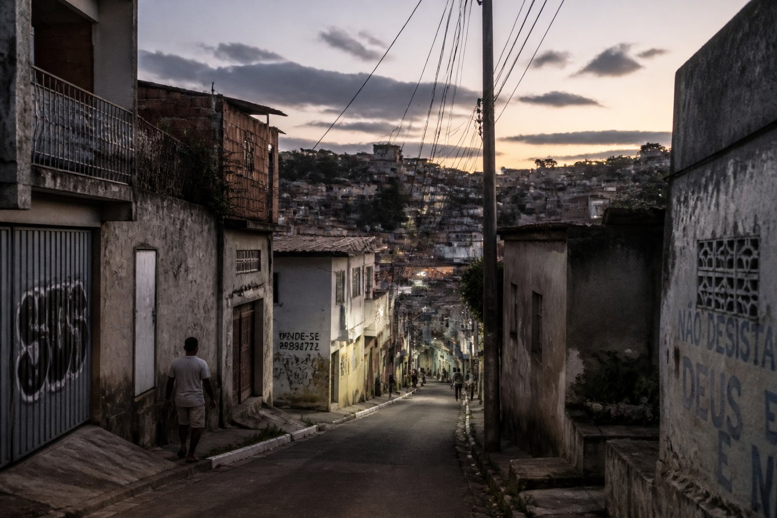 Vista de uma rua em um bairro de Salvador com prédios antigos, pouca iluminação e algumas pessoas ao fundo.