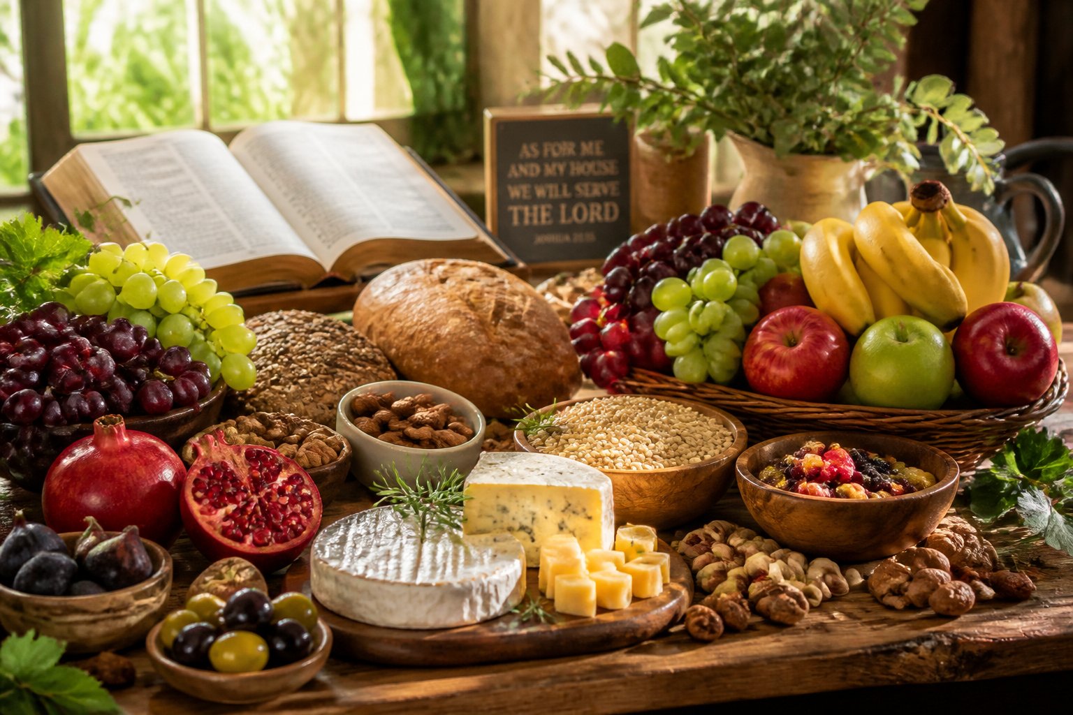 Mesa rústica cheia de frutas, pães, queijos e grãos sob luz natural, com uma Bíblia aberta ao fundo, simbolizando provisão divina e prosperidade.